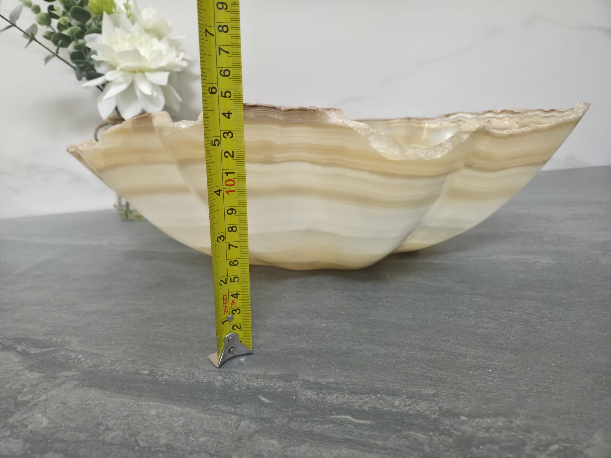 S16_17 Beige and White Onyx Vessel Sink- Oyster Shell Shaped