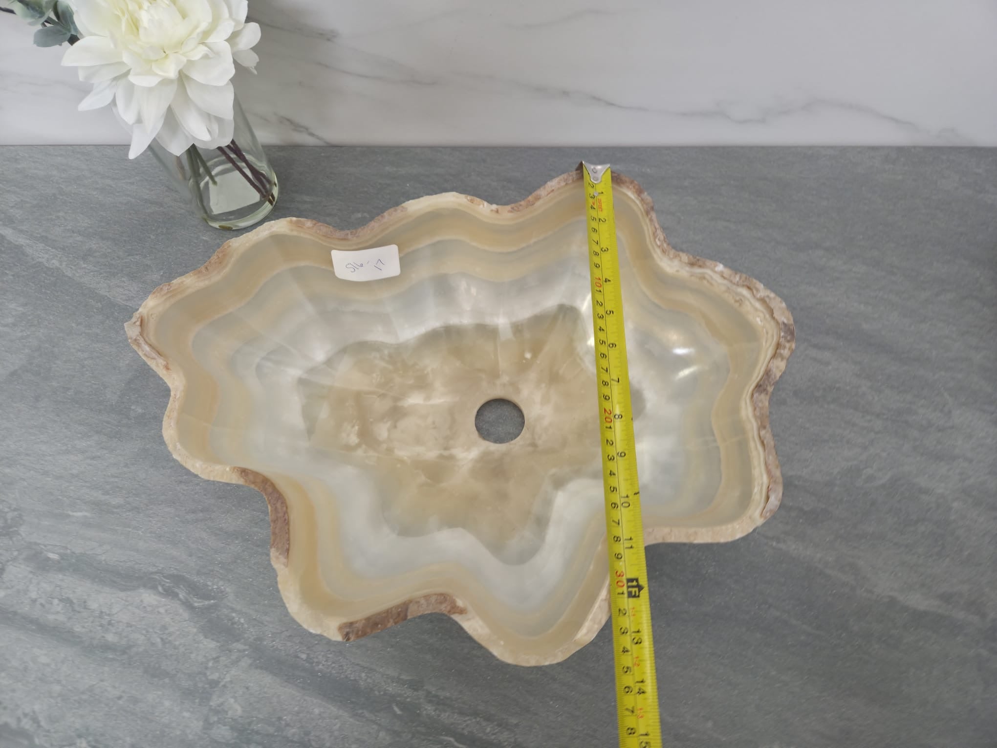 S16_17 Beige and White Onyx Vessel Sink- Oyster Shell Shaped