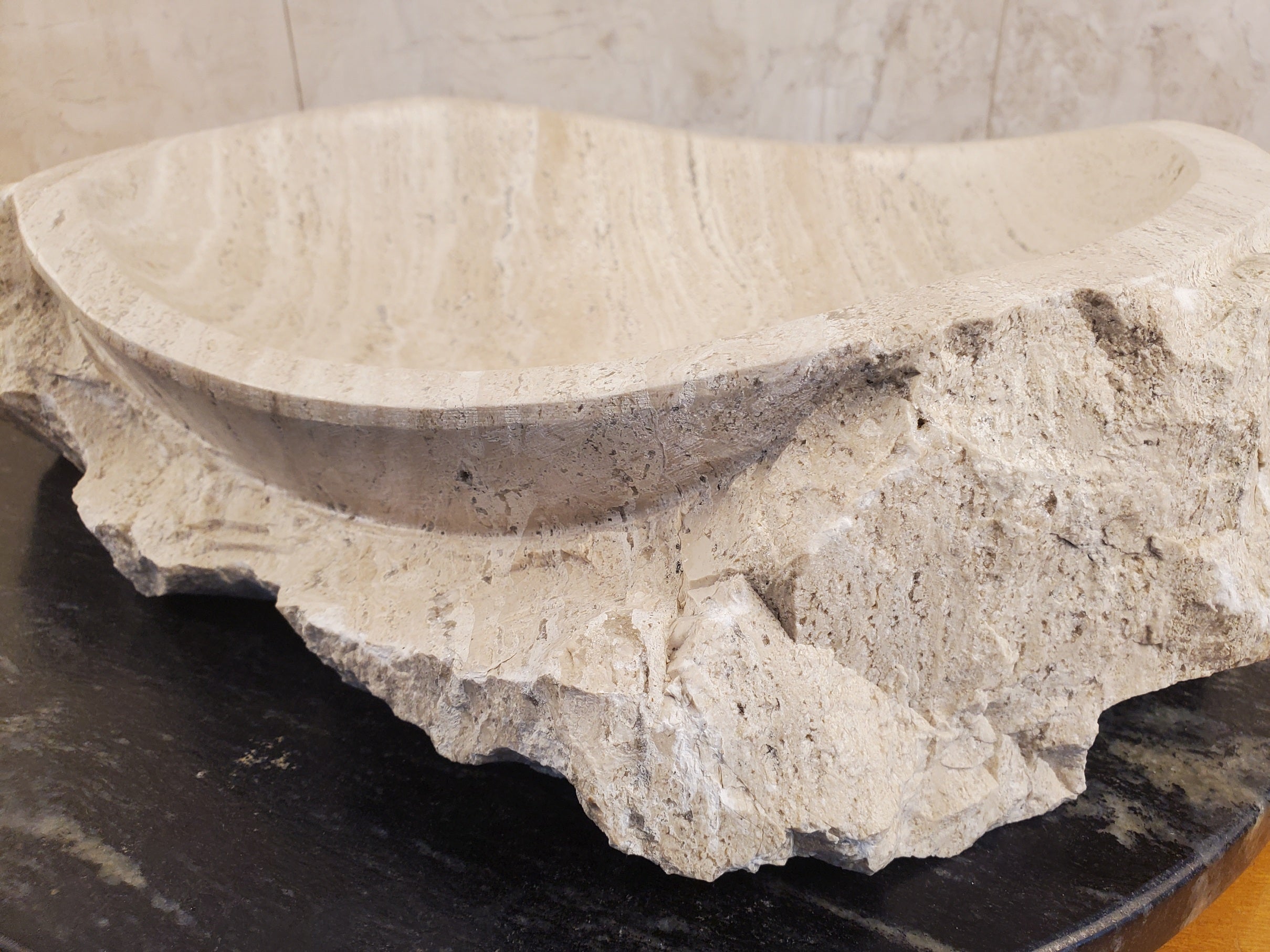 S24_04 Oval Travertine Chiseled Vessel Bathroom Sink