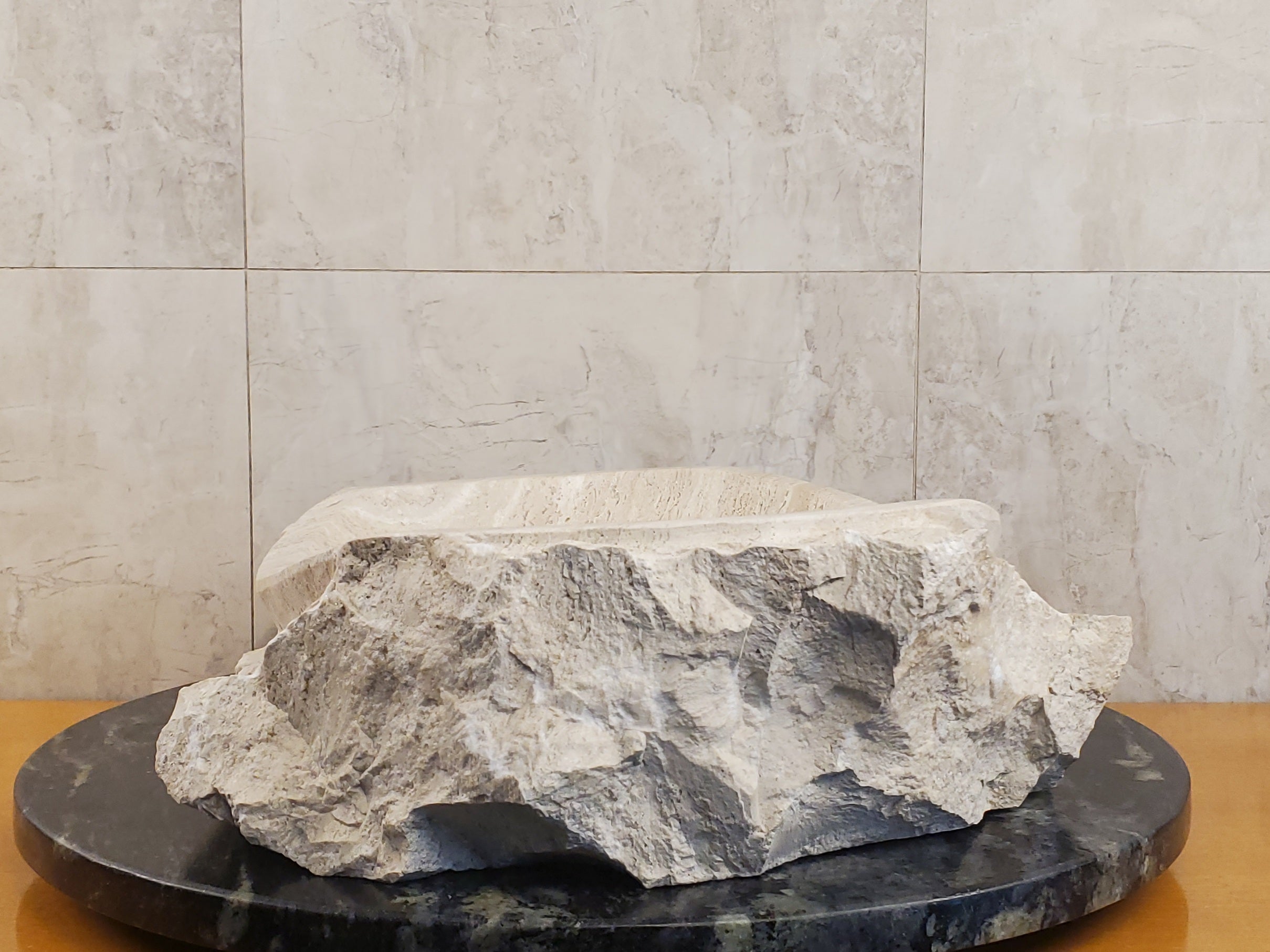 S24_04 Oval Travertine Chiseled Vessel Bathroom Sink