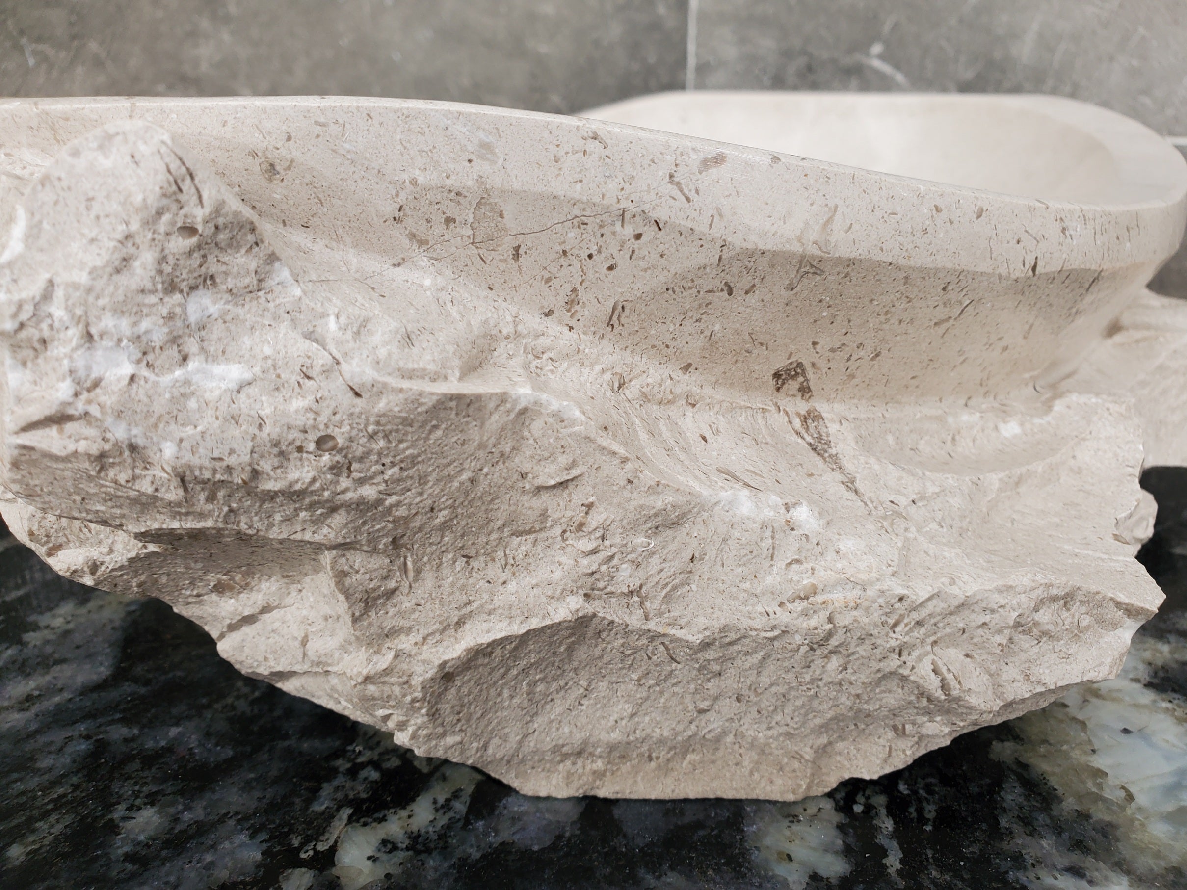 S32_02 Oval Travertine Chiseled Vessel Bathroom Sink
