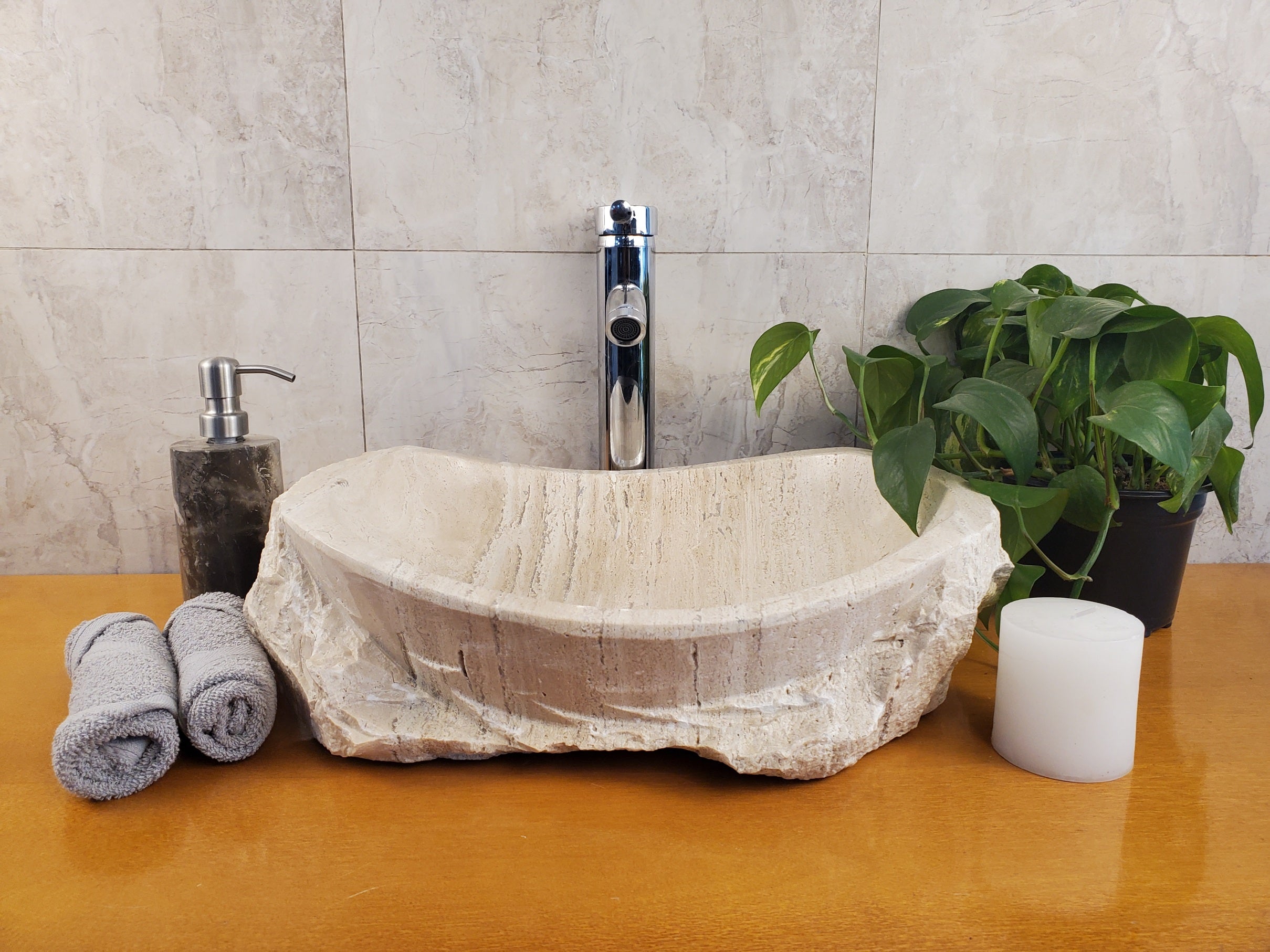 S24_05 Oval Travertine Chiseled Vessel Bathroom Sink - 16.5 x 13 inch