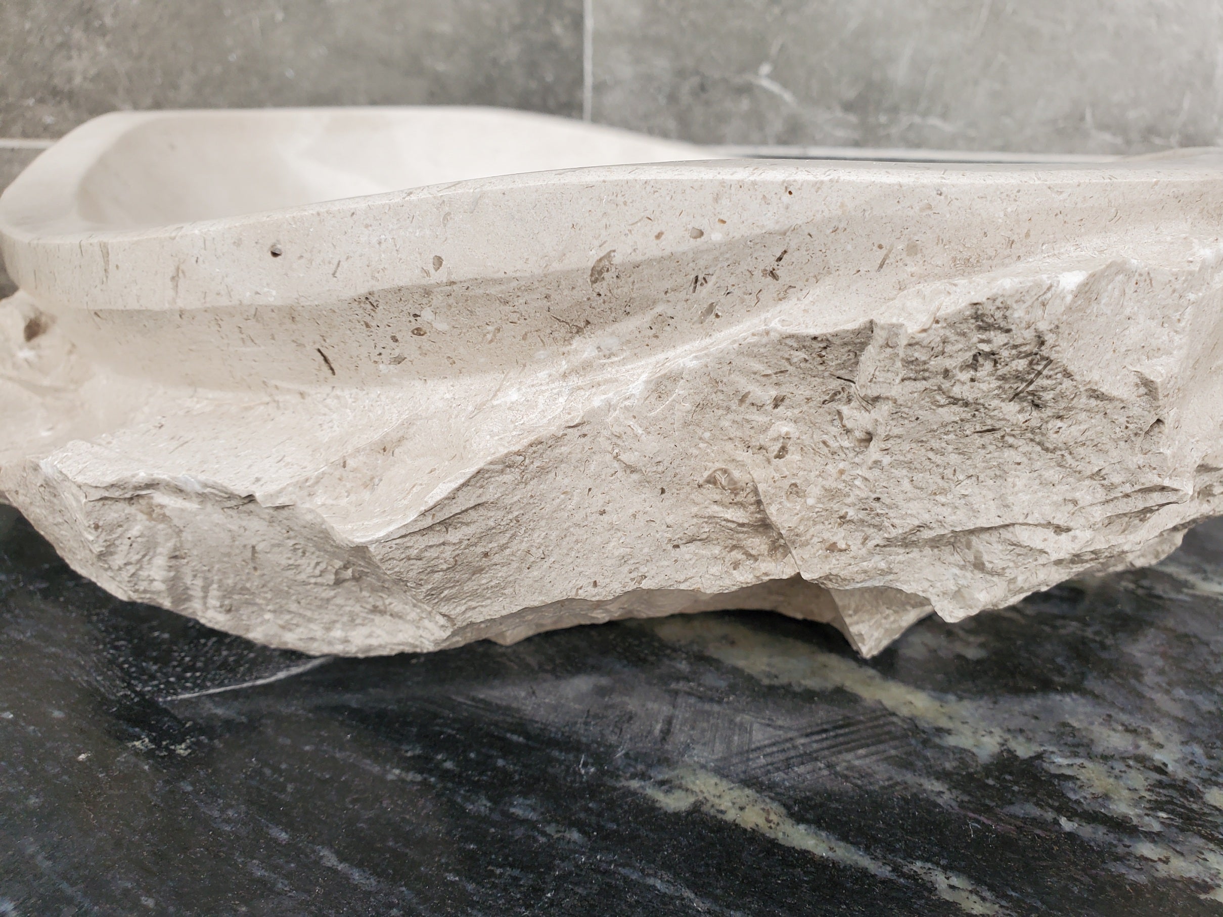 S32_02 Oval Travertine Chiseled Vessel Bathroom Sink
