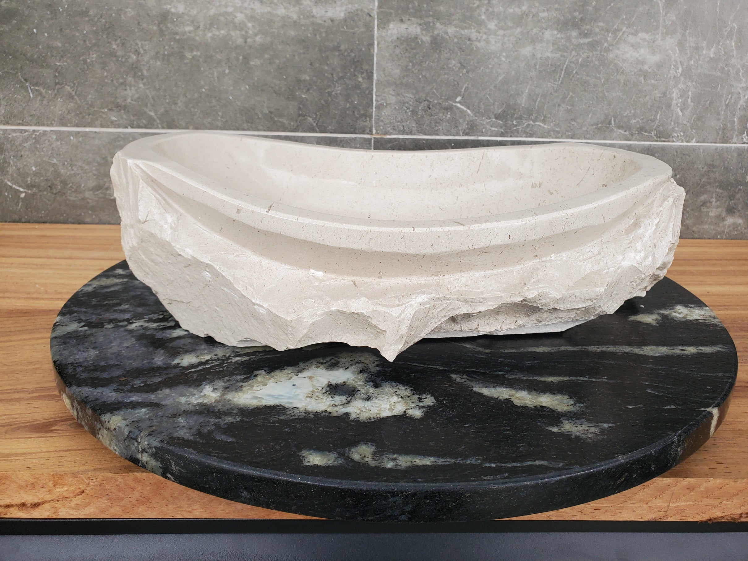 S32_01 Oval Travertine Chiseled Vessel Bathroom Sink