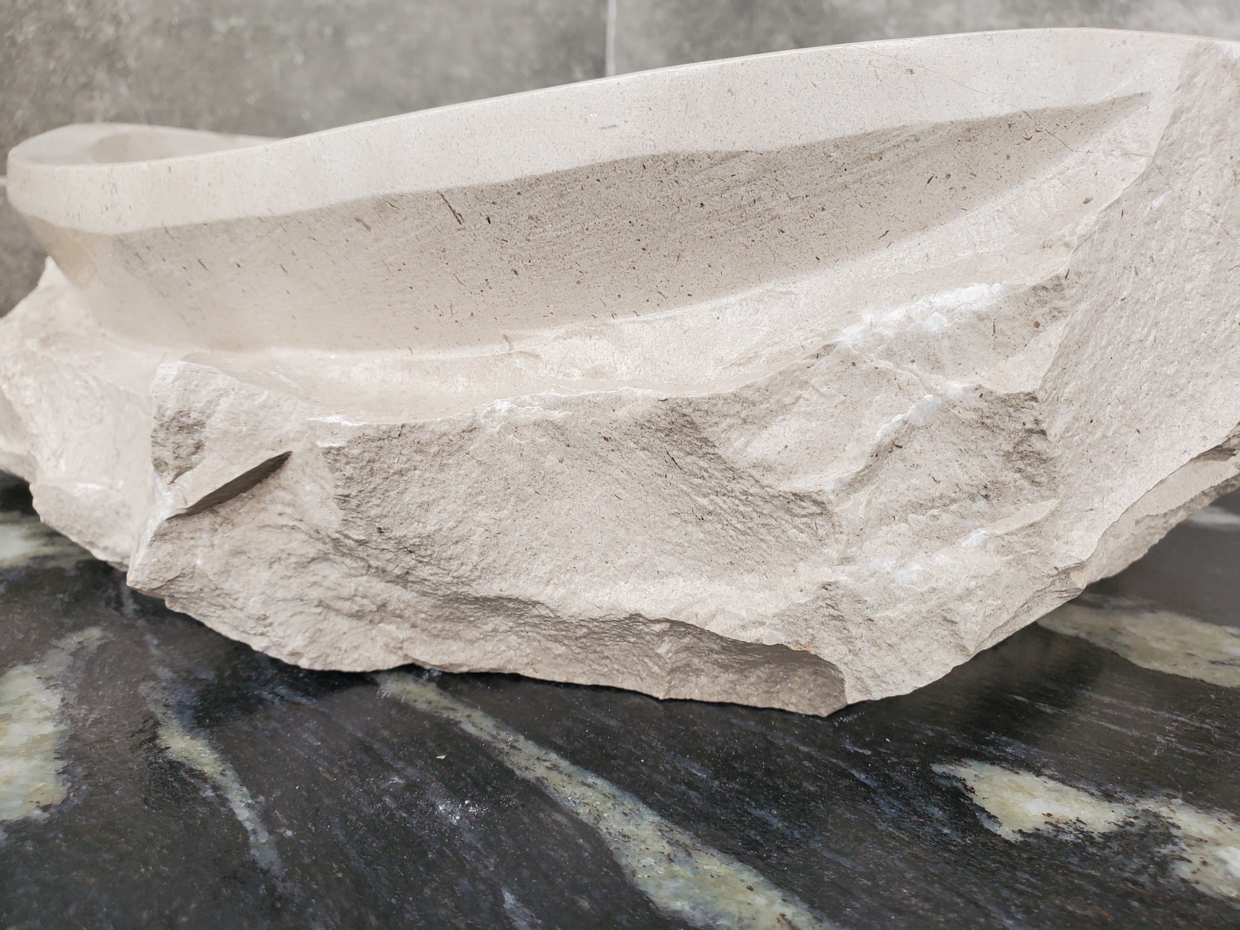 S32_02 Oval Travertine Chiseled Vessel Bathroom Sink