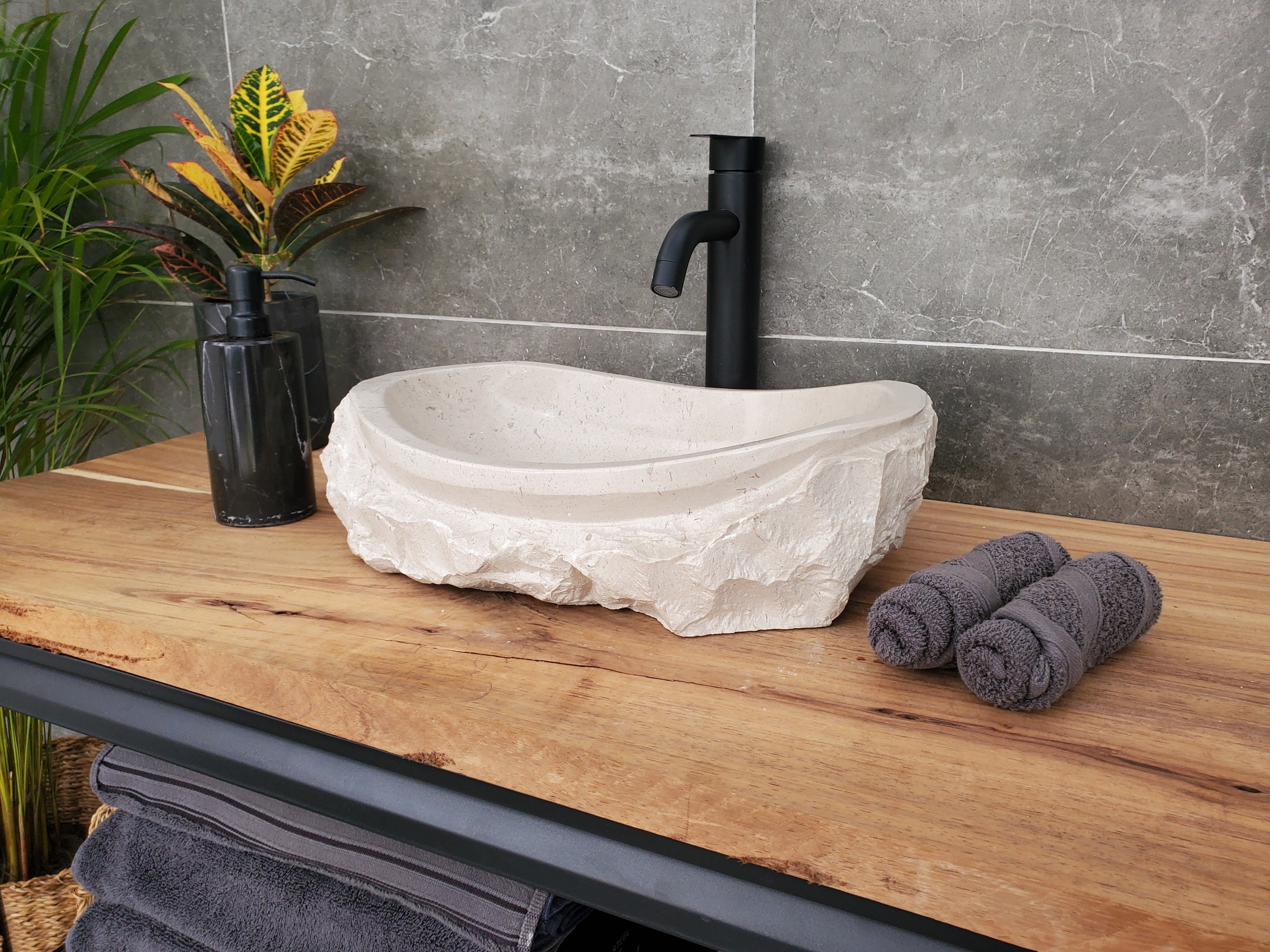 S32_01 Oval Travertine Chiseled Vessel Bathroom Sink