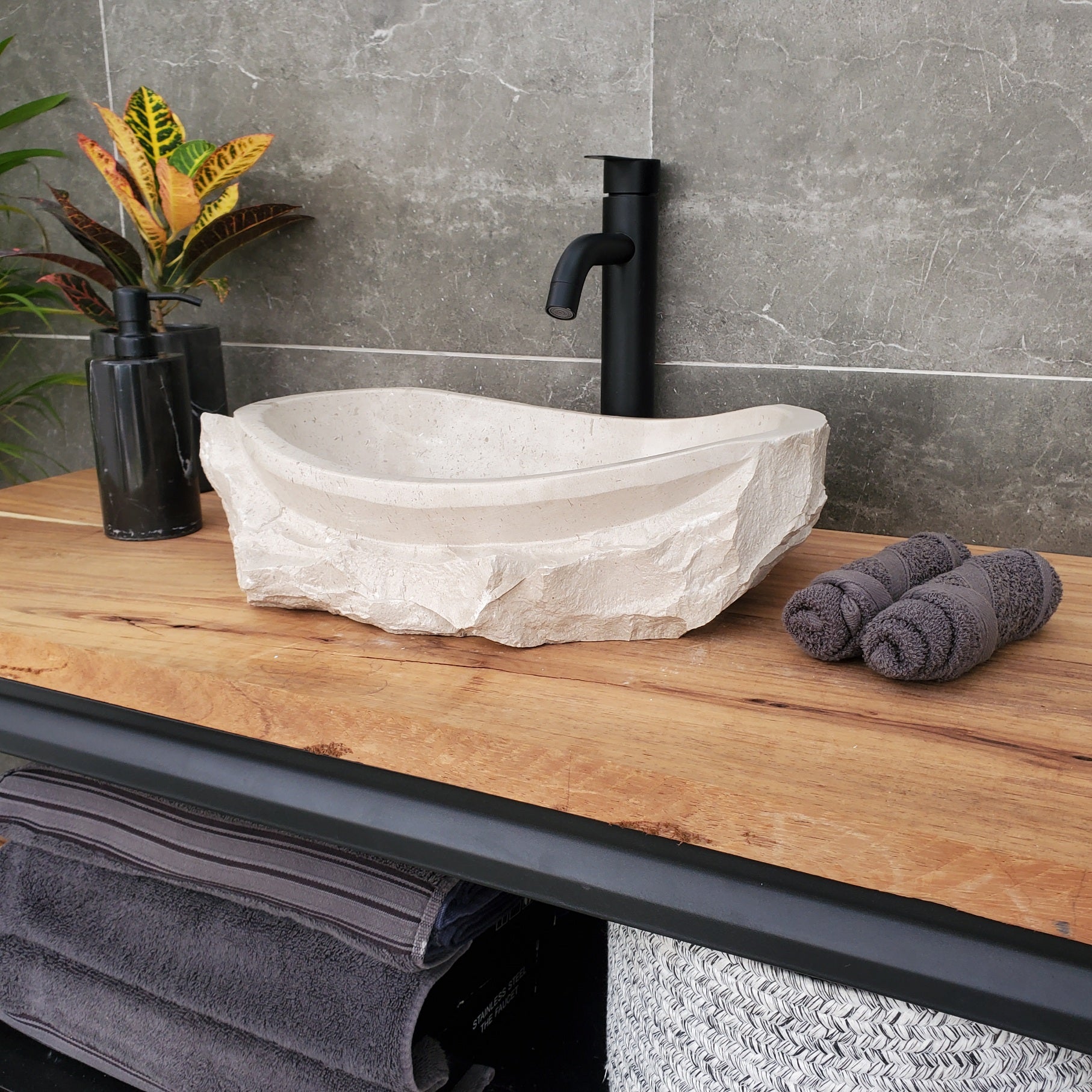 S32_02 Oval Travertine Chiseled Vessel Bathroom Sink