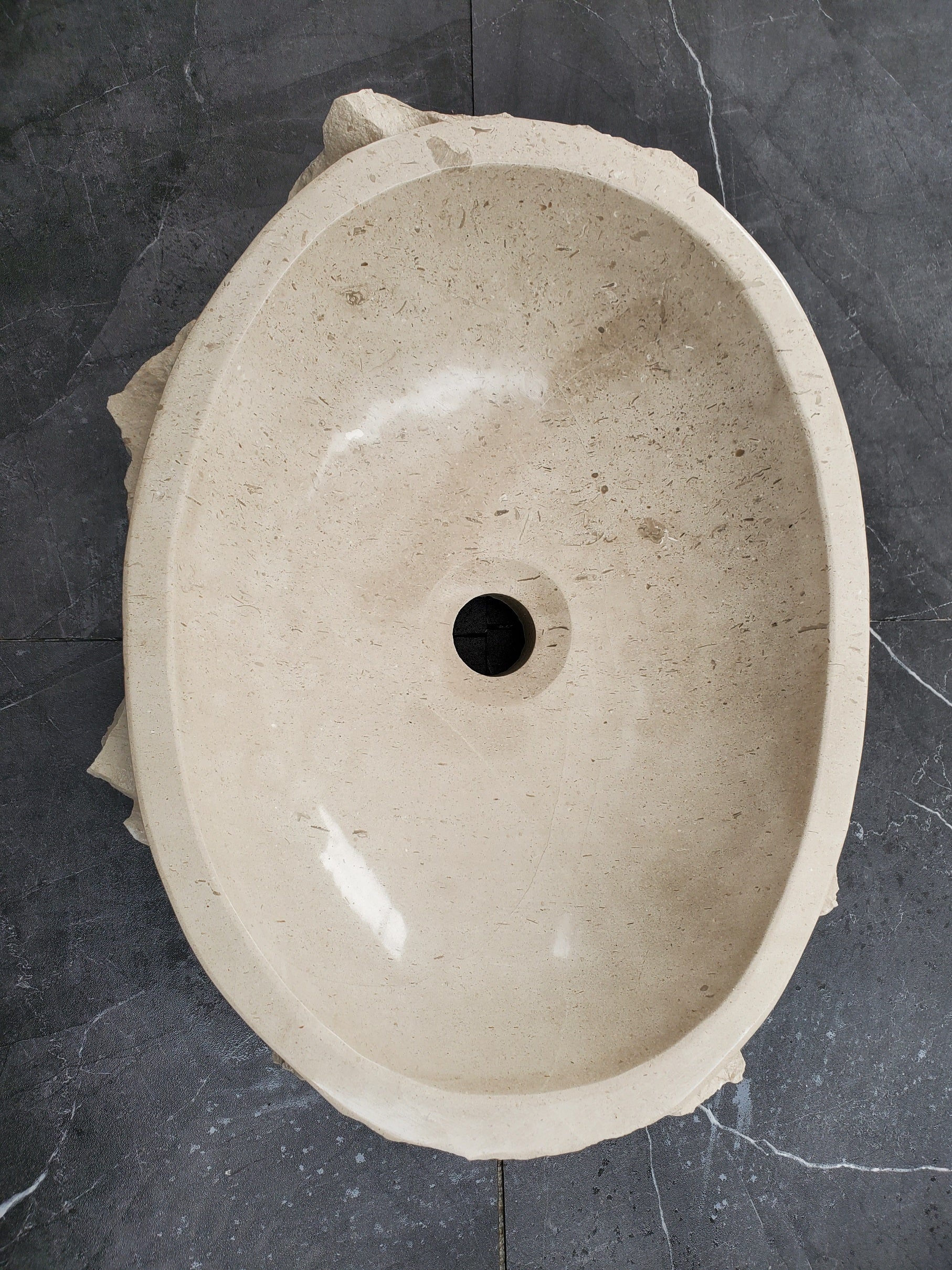 S32_02 Oval Travertine Chiseled Vessel Bathroom Sink - 16 x 12 inch