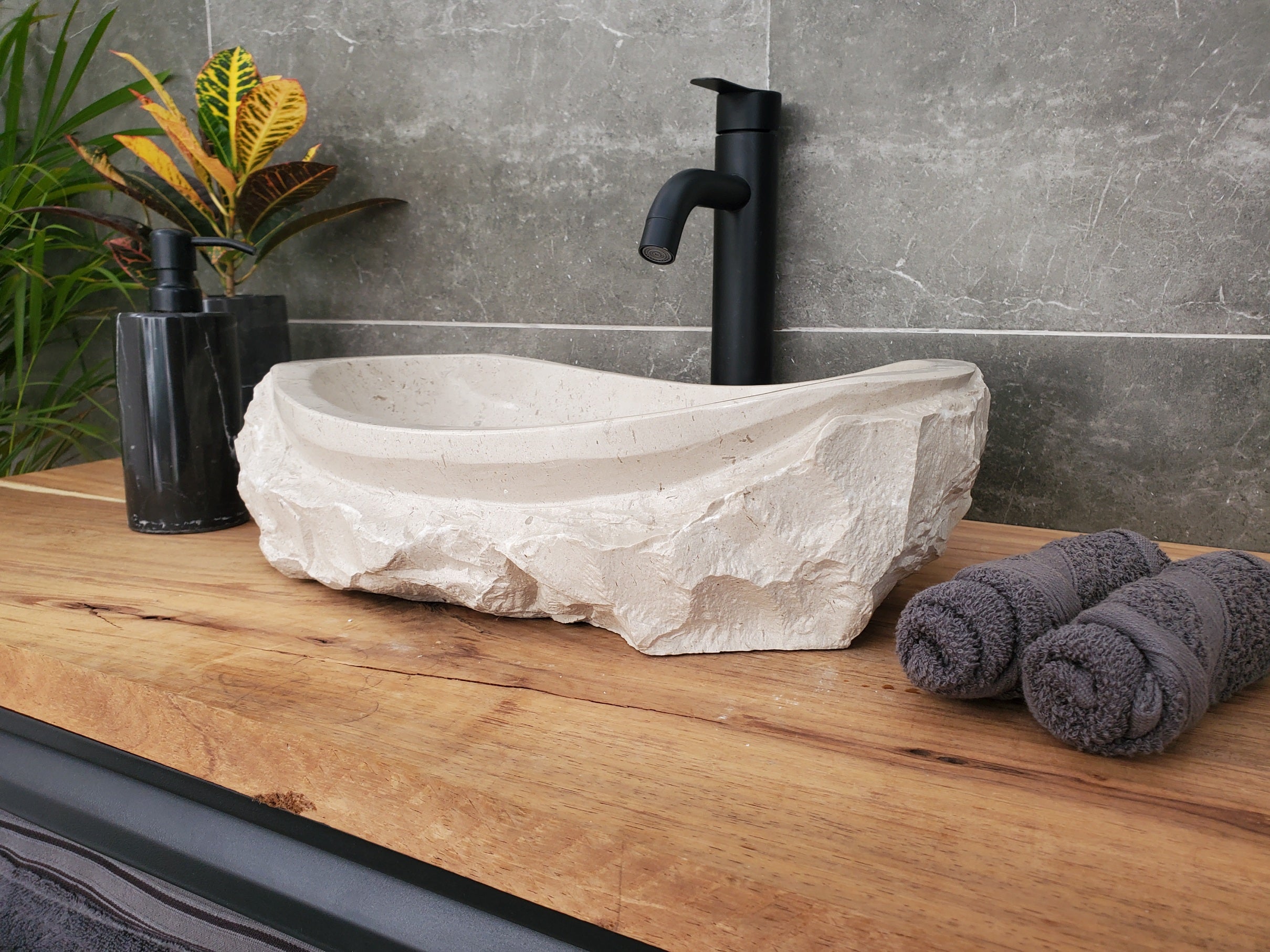 S32_01 Oval Travertine Chiseled Vessel Bathroom Sink - 16 x 12 inch