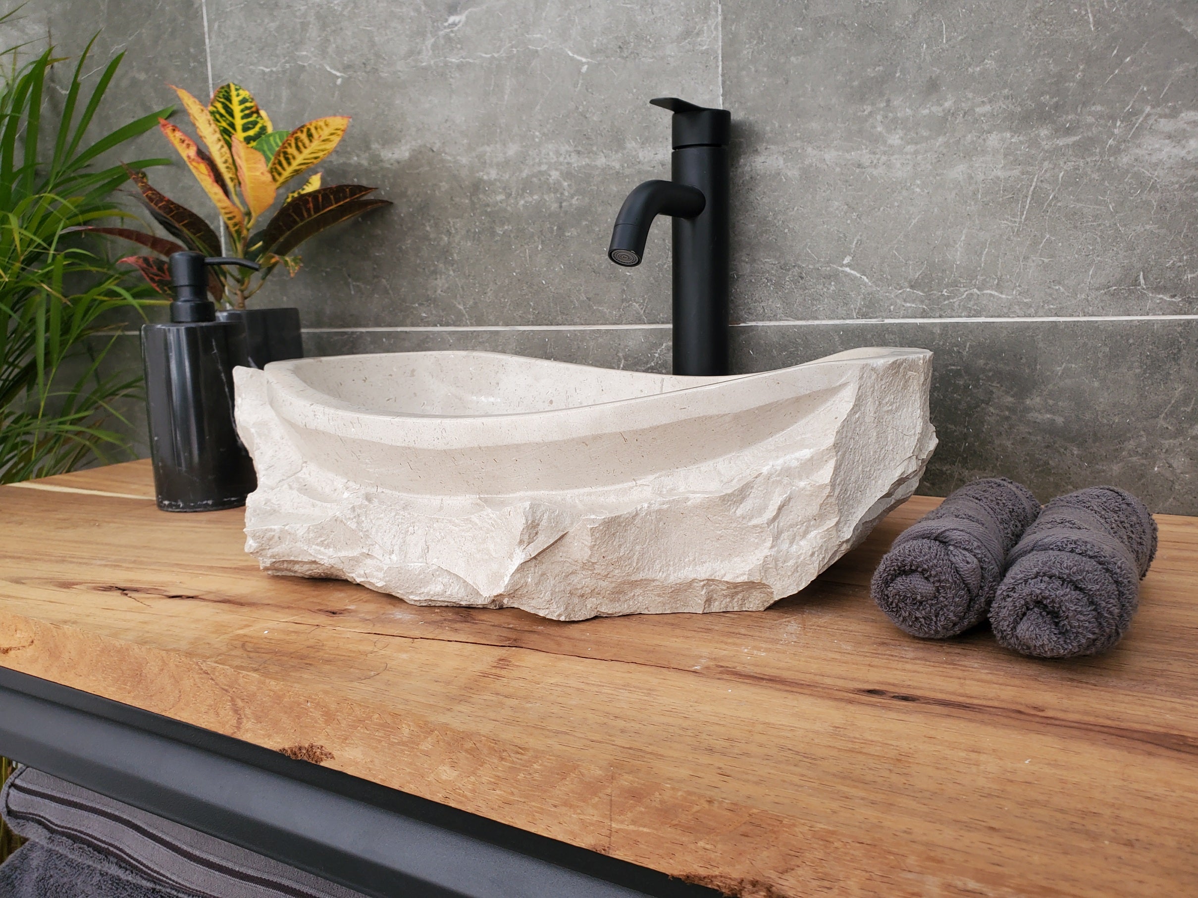 S32_02 Oval Travertine Chiseled Vessel Bathroom Sink - 16 x 12 inch