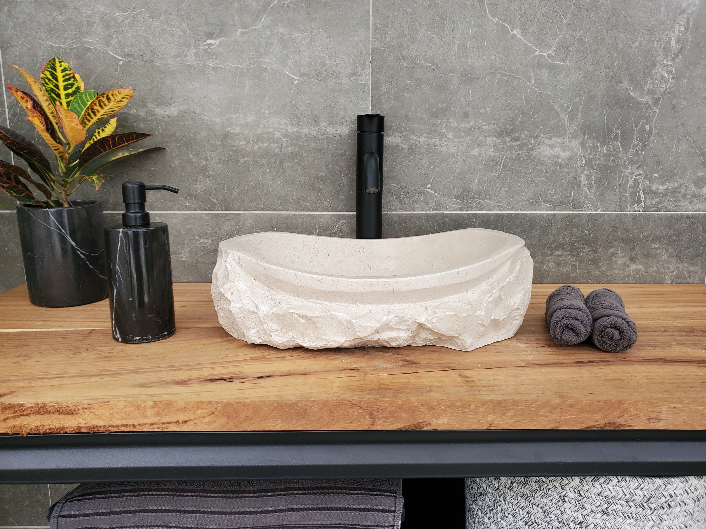 SET3201 Oval Travertine Limestone Vessel Sink Set