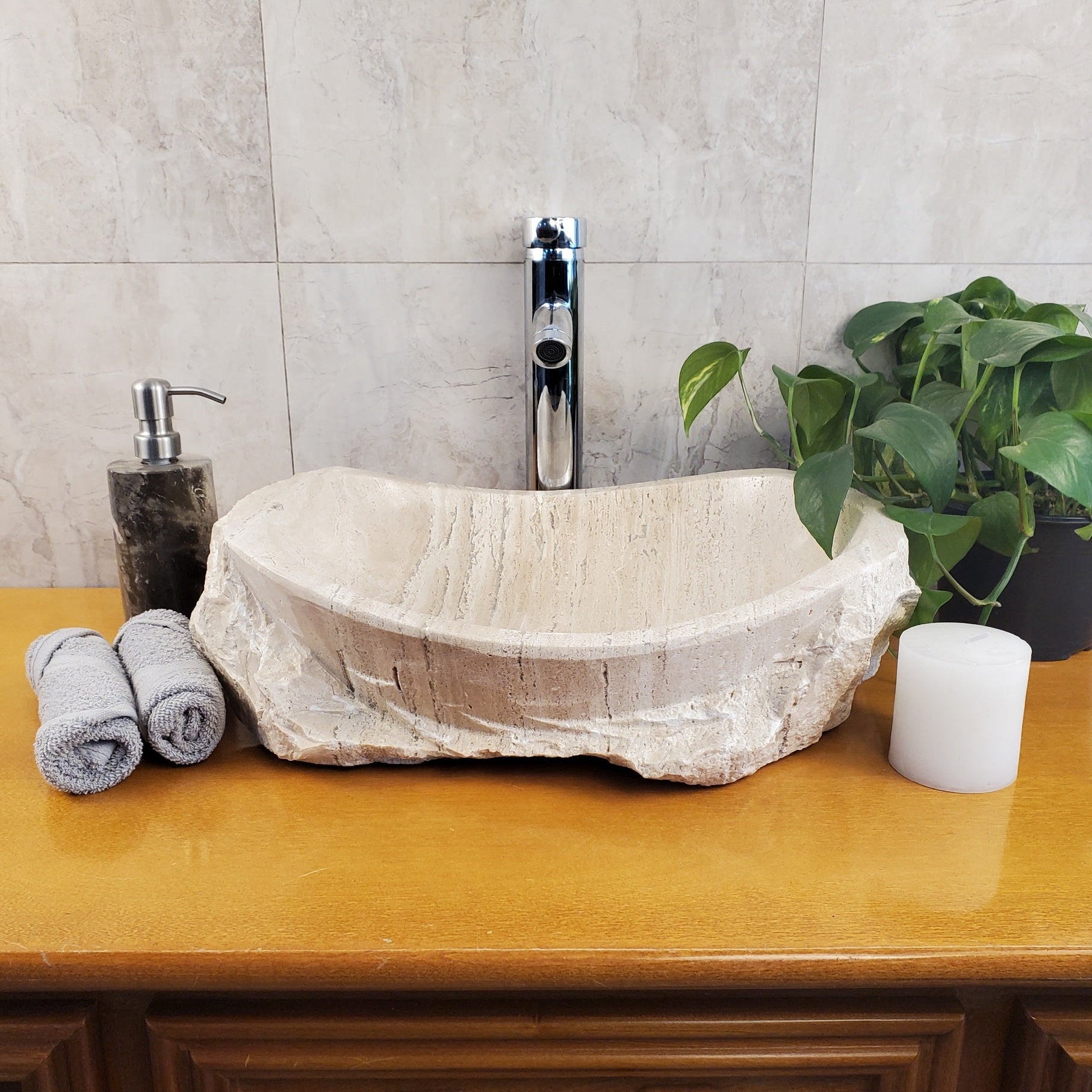 S24_05 Oval Travertine Chiseled Vessel Bathroom Sink - 16.5 x 13 inch
