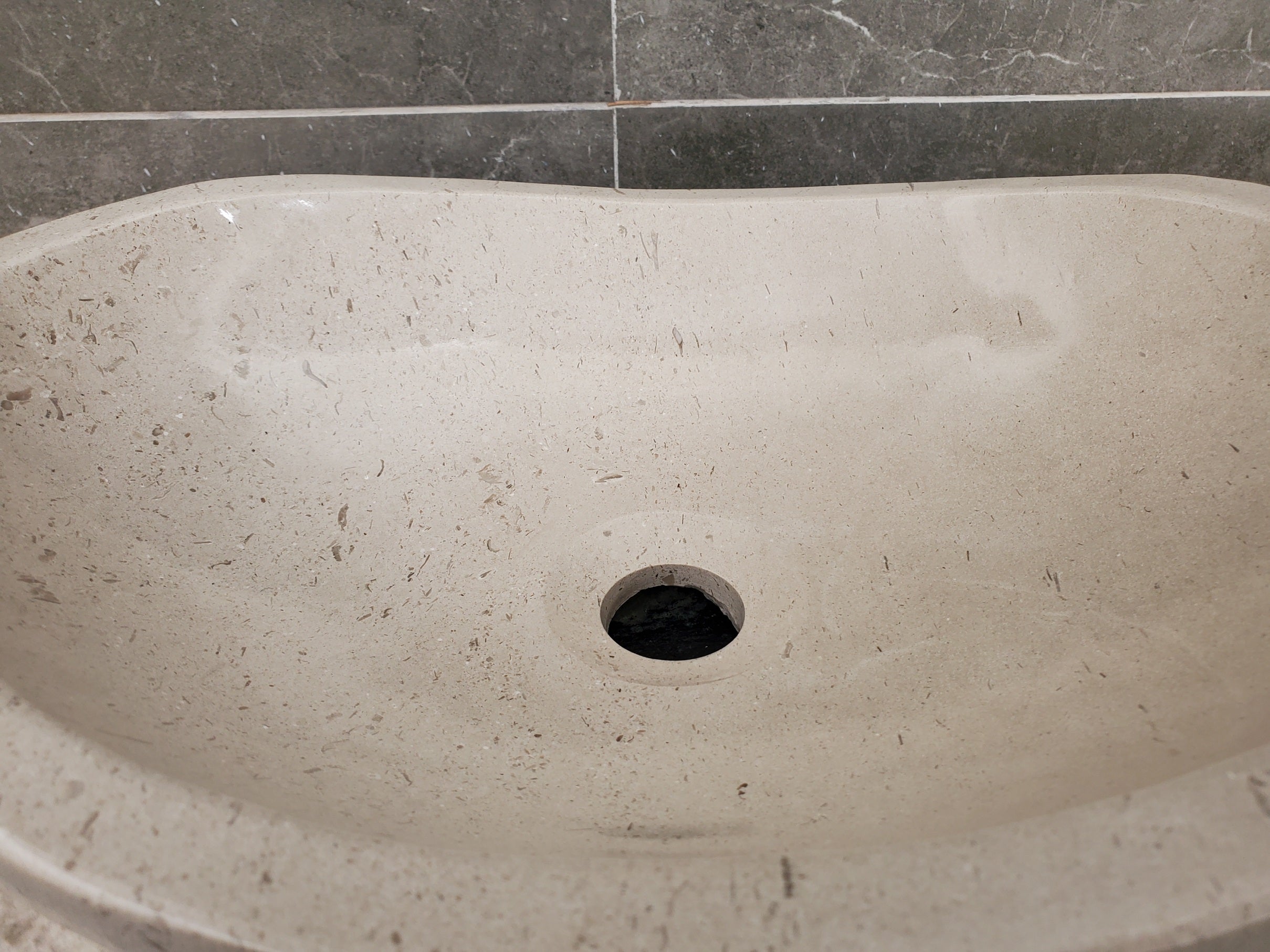 S32_01 Oval Travertine Chiseled Vessel Bathroom Sink - 16 x 12 inch