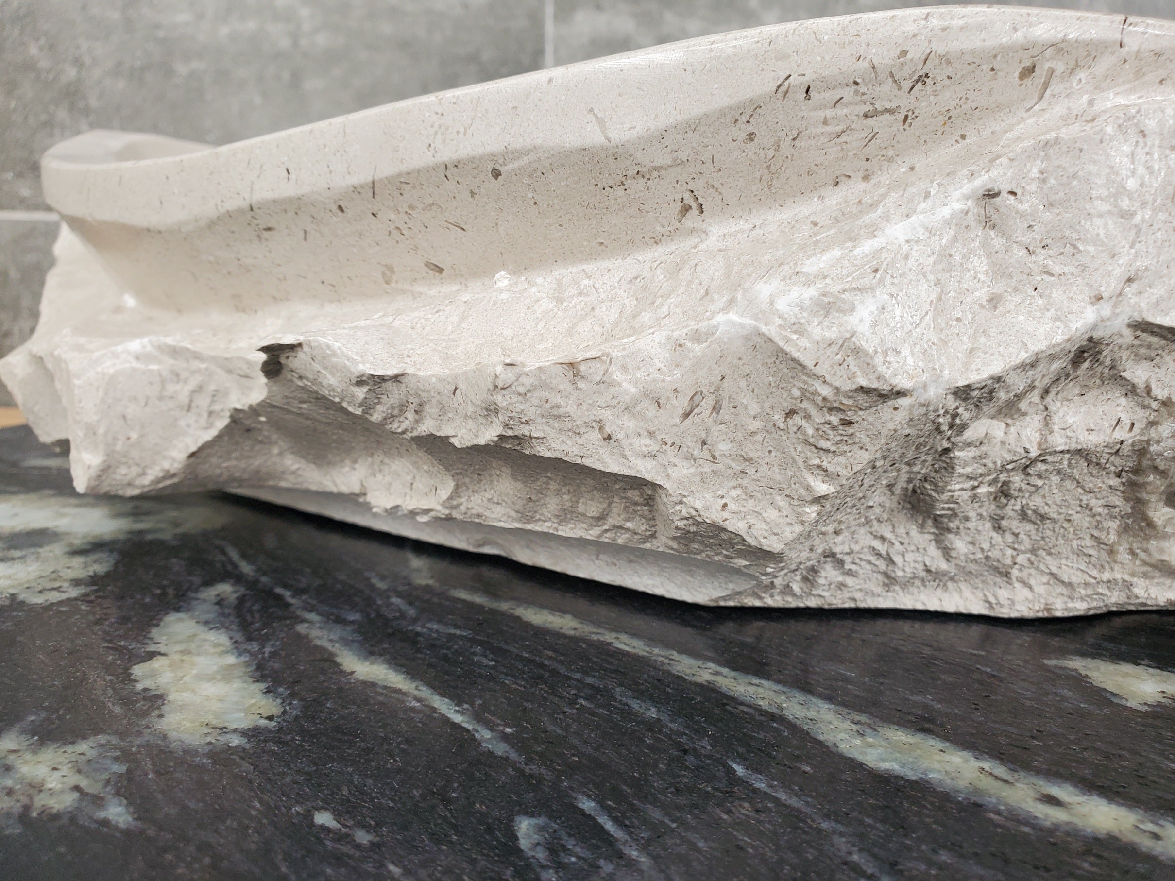 S32_01 Oval Travertine Chiseled Vessel Bathroom Sink - 16 x 12 inch