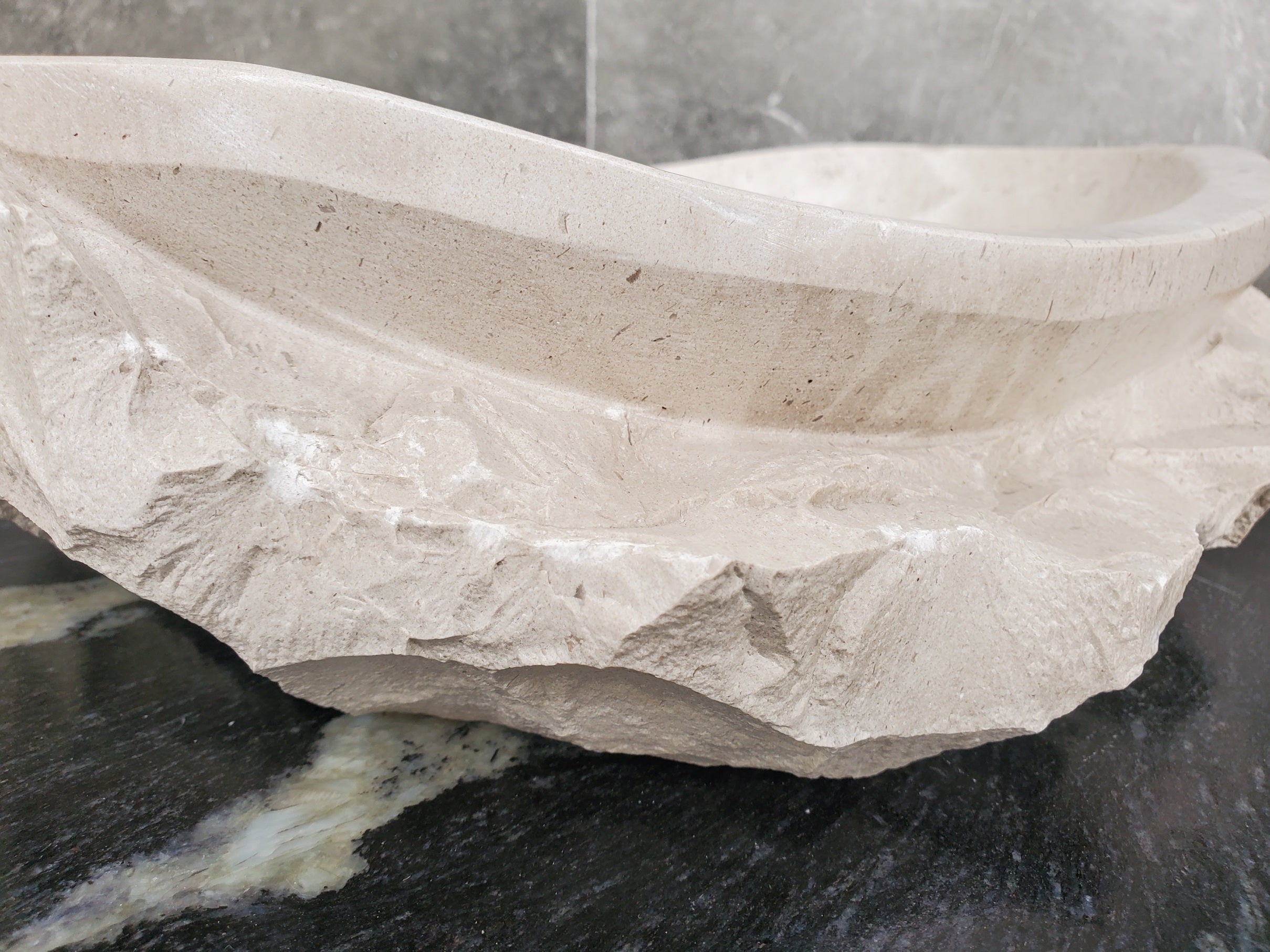 S32_02 Oval Travertine Chiseled Vessel Bathroom Sink
