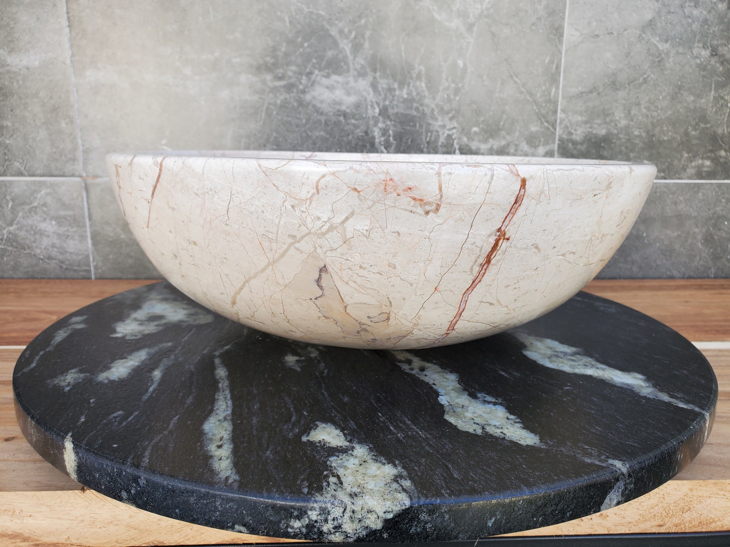 S28_28 Round Marble Stone Vessel Sink - 15.75 x 15.75 inch
