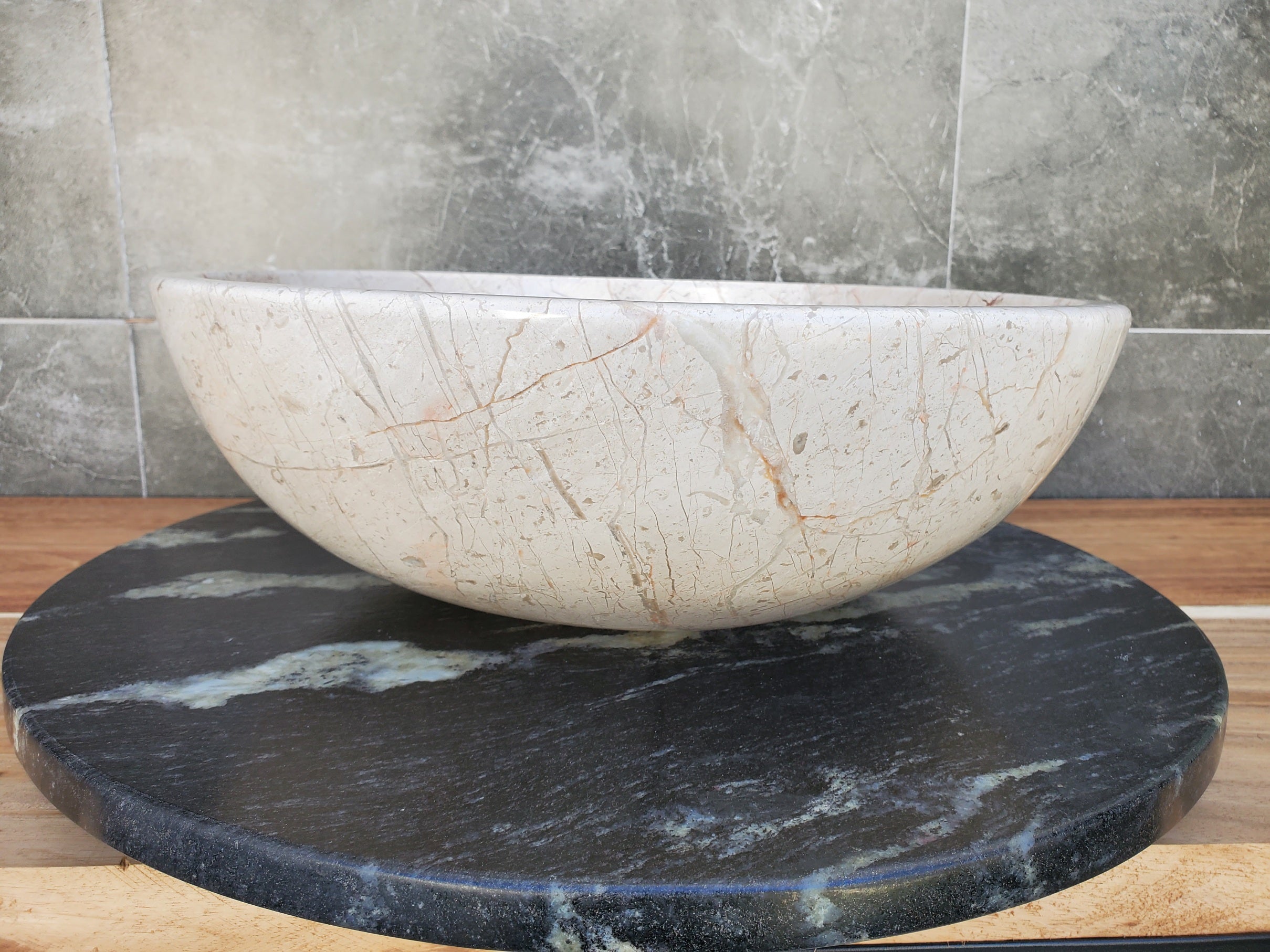 S28_28 Round Marble Stone Vessel Sink - 15.75 x 15.75 inch
