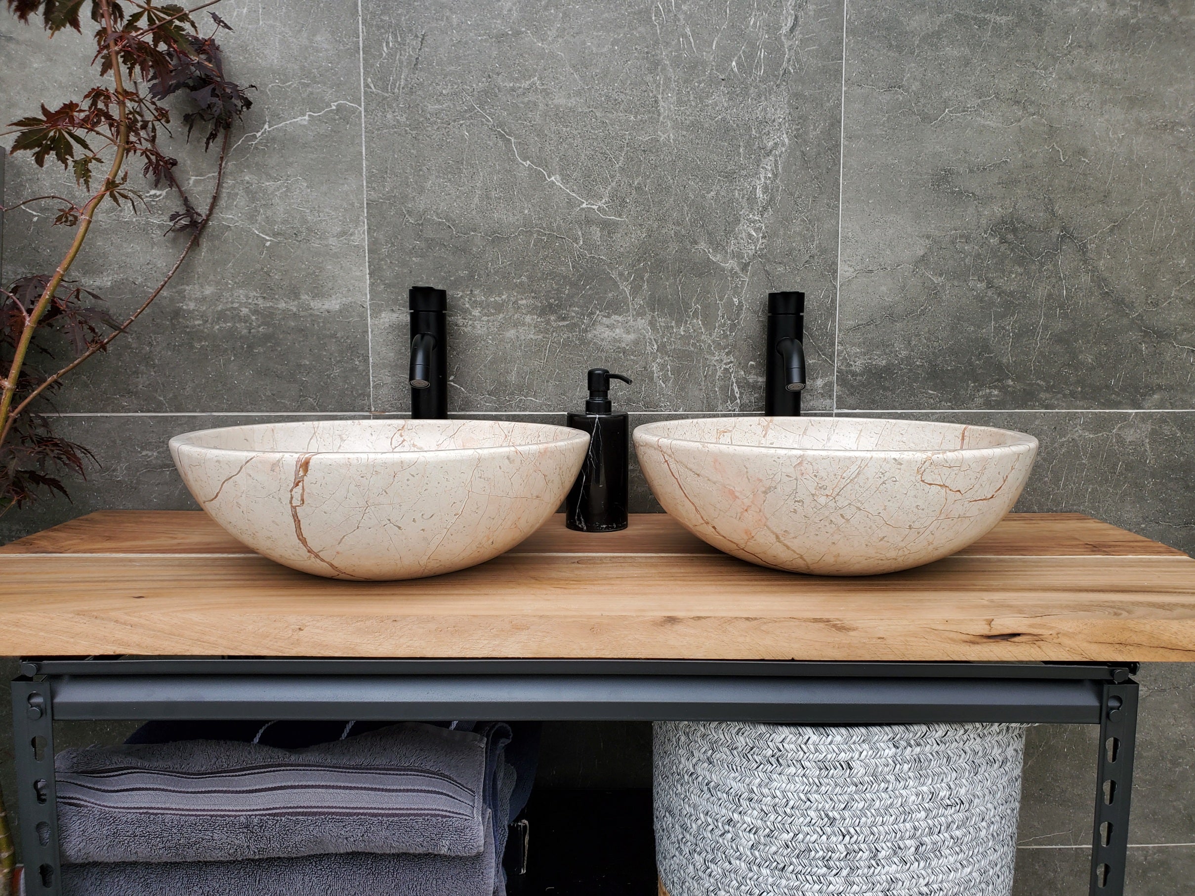SET1046 Round Marble Stone Vessel Sink (Set of 2)