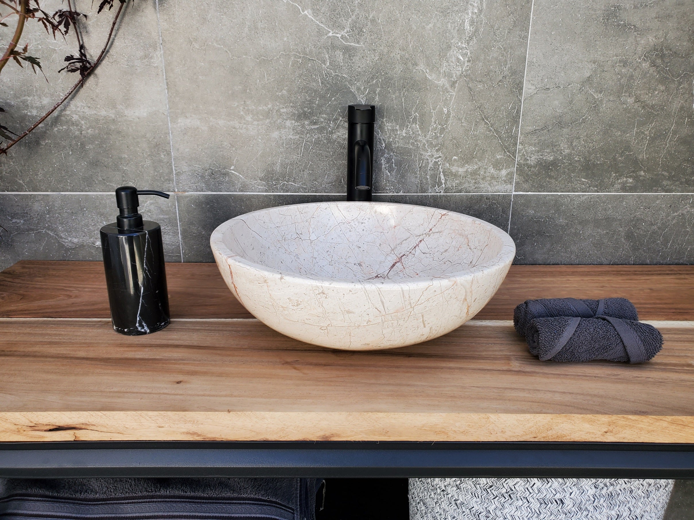 S28_28 Round Marble Stone Vessel Sink - 15.75 x 15.75 inch