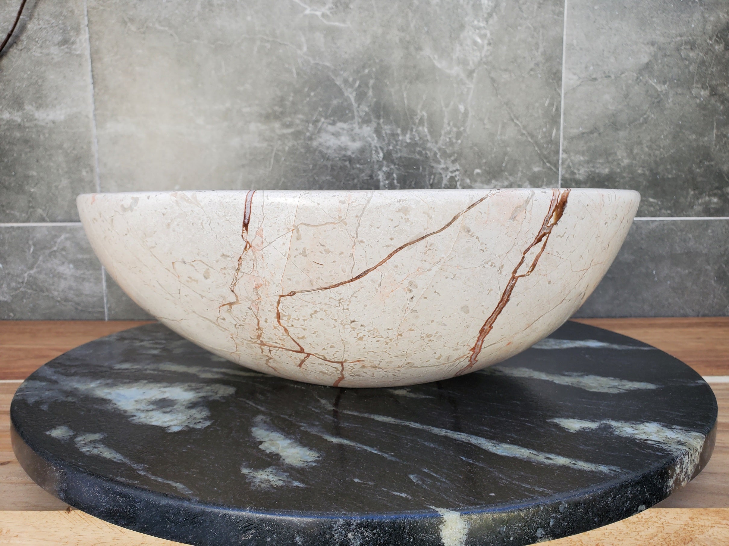S28_27 Round Marble Stone Vessel Sink - 15.75 x 15.75 inch