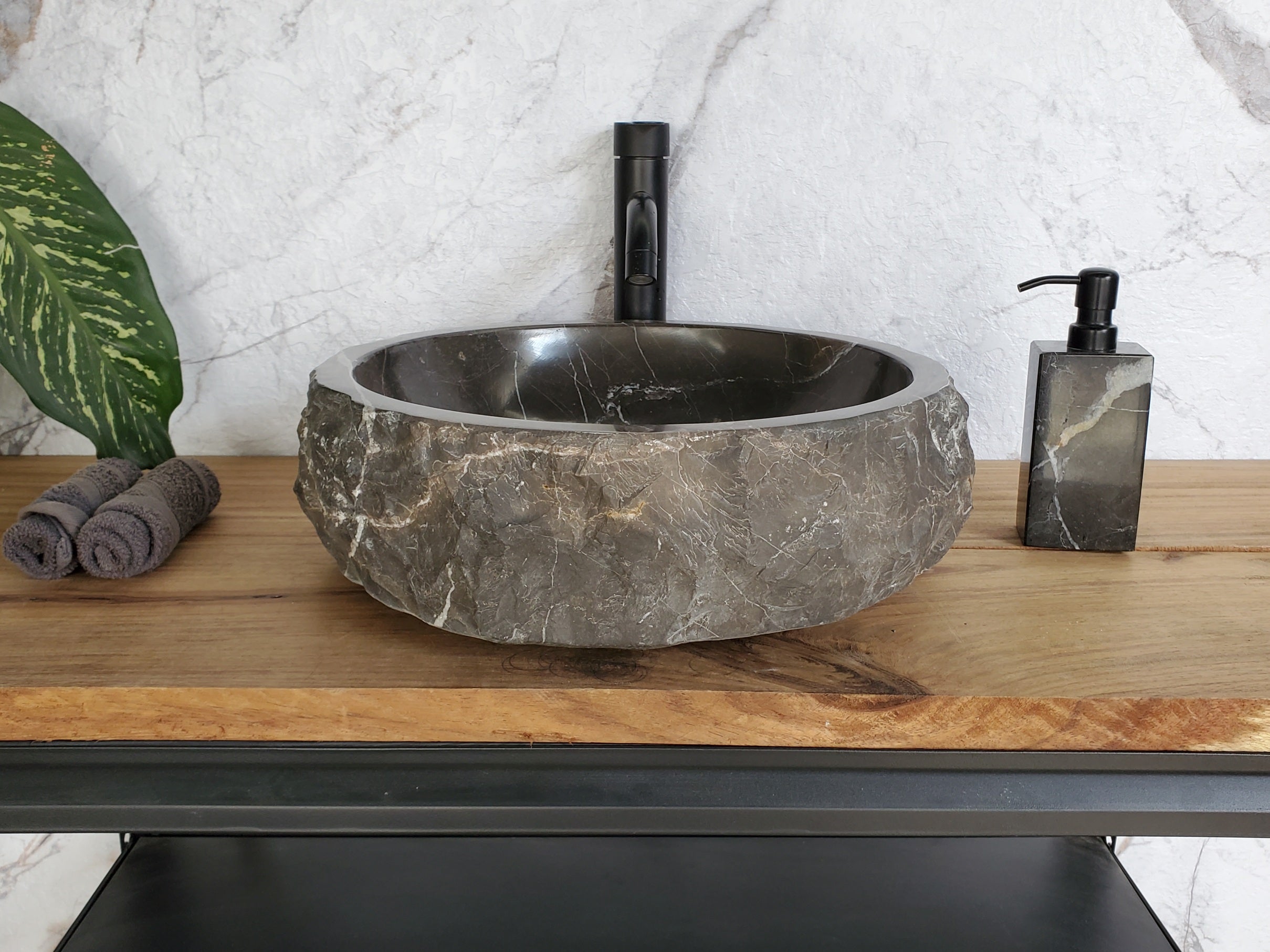S37_23 Round Black Marble Stone Vessel Bathroom Sink - 16 x 16 inch Marble Sinks Featured Marble Sinks Sinks