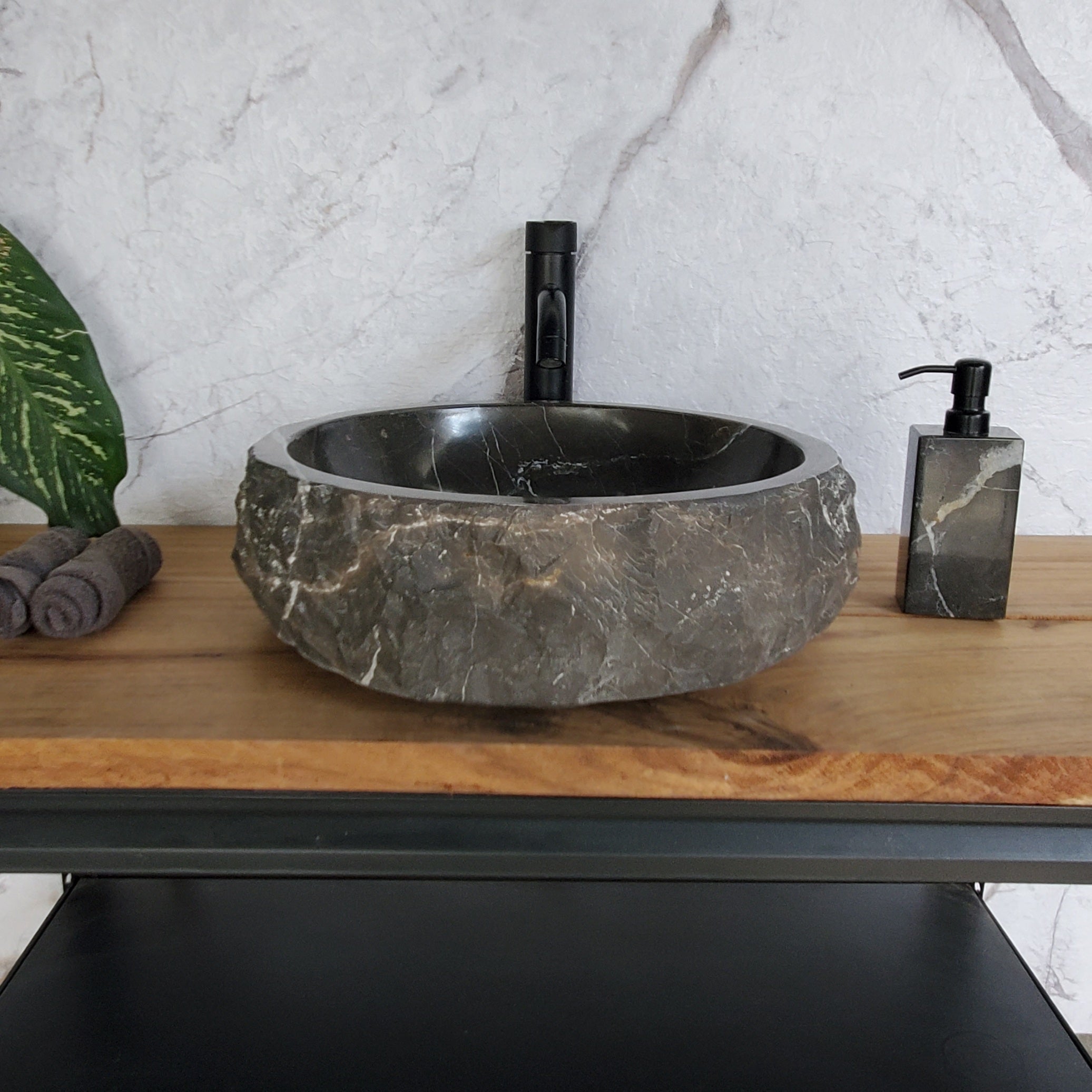 SET3709 Black Marble Vessel Sink Set, Natural Stone Round Bathroom Sinks Bathroom Sinks Featured Marble Sinks pair