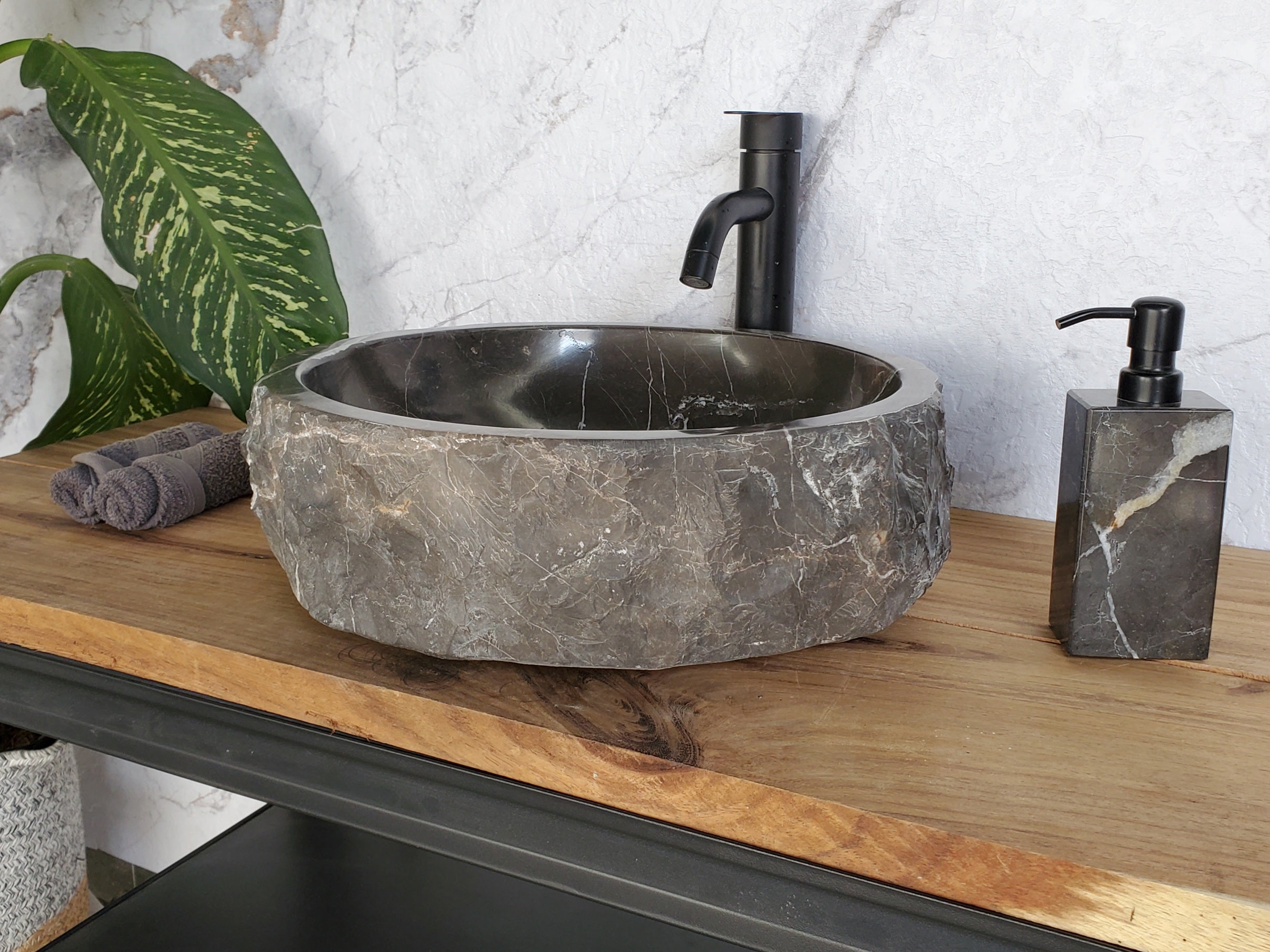 S37_23 Round Black Marble Stone Vessel Bathroom Sink - 16 x 16 inch Marble Sinks Featured Marble Sinks Sinks