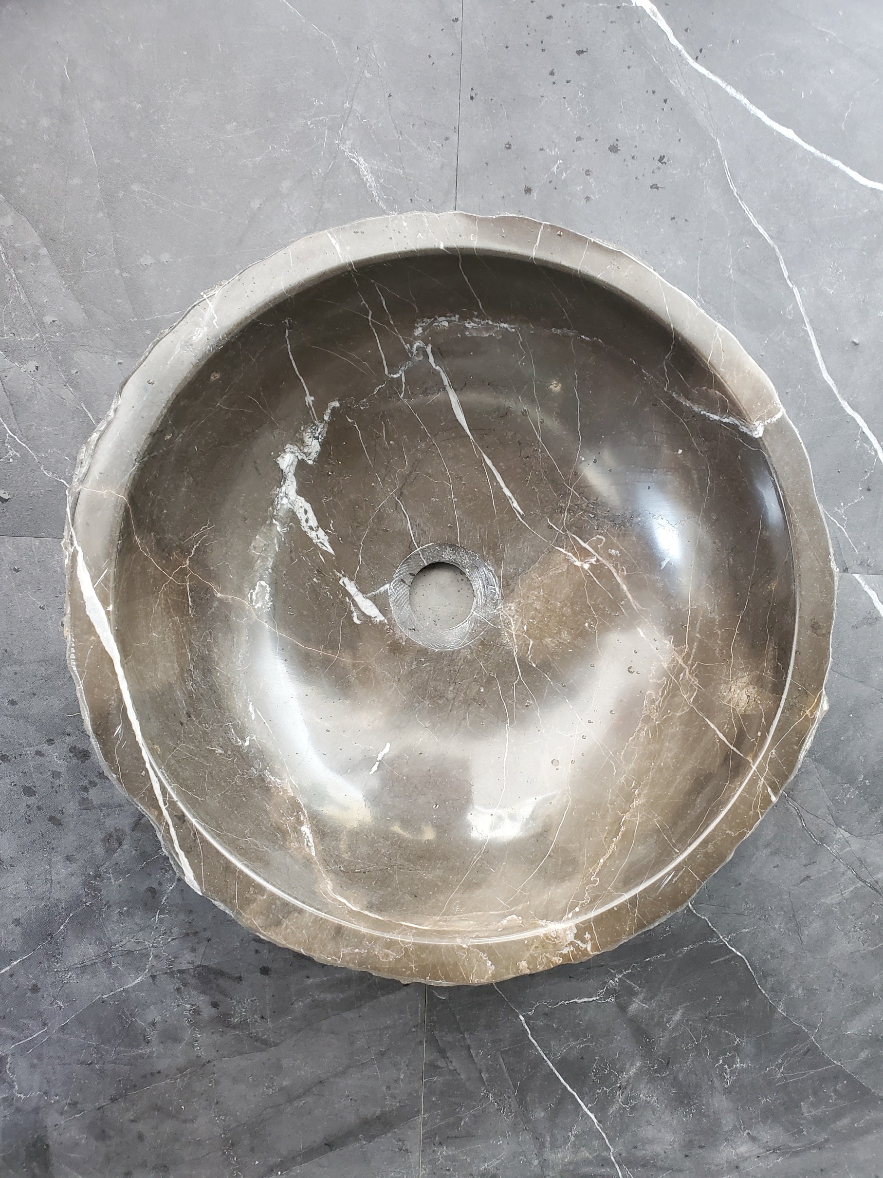S37_23 Round Black Marble Stone Vessel Bathroom Sink - 16 x 16 inch Marble Sinks Featured Marble Sinks Sinks