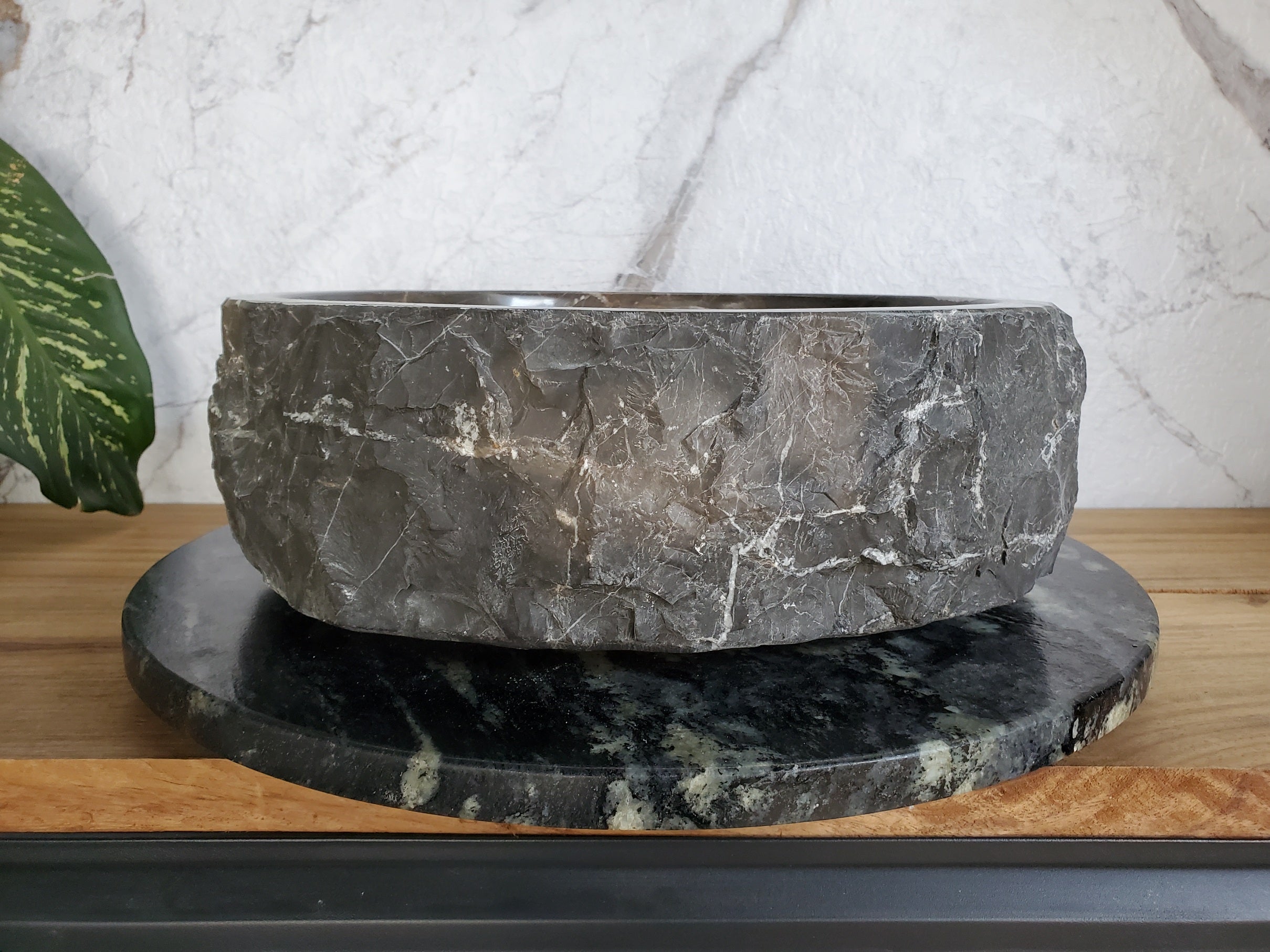 S37_23 Round Black Marble Stone Vessel Bathroom Sink - 16 x 16 inch Marble Sinks Featured Marble Sinks Sinks