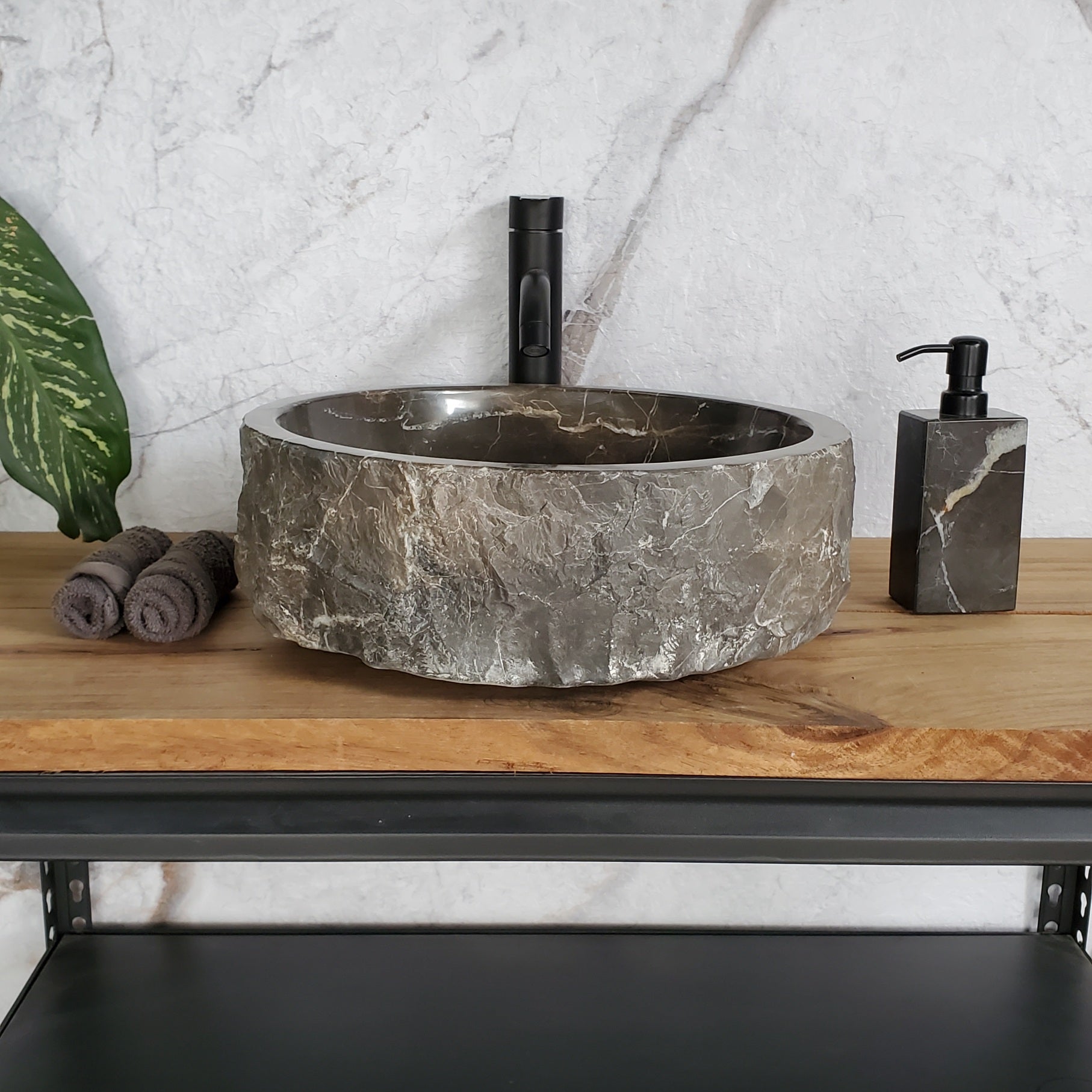 S37_24 Round Black Marble Stone Vessel Bathroom Sink Featured Marble Sinks Sinks