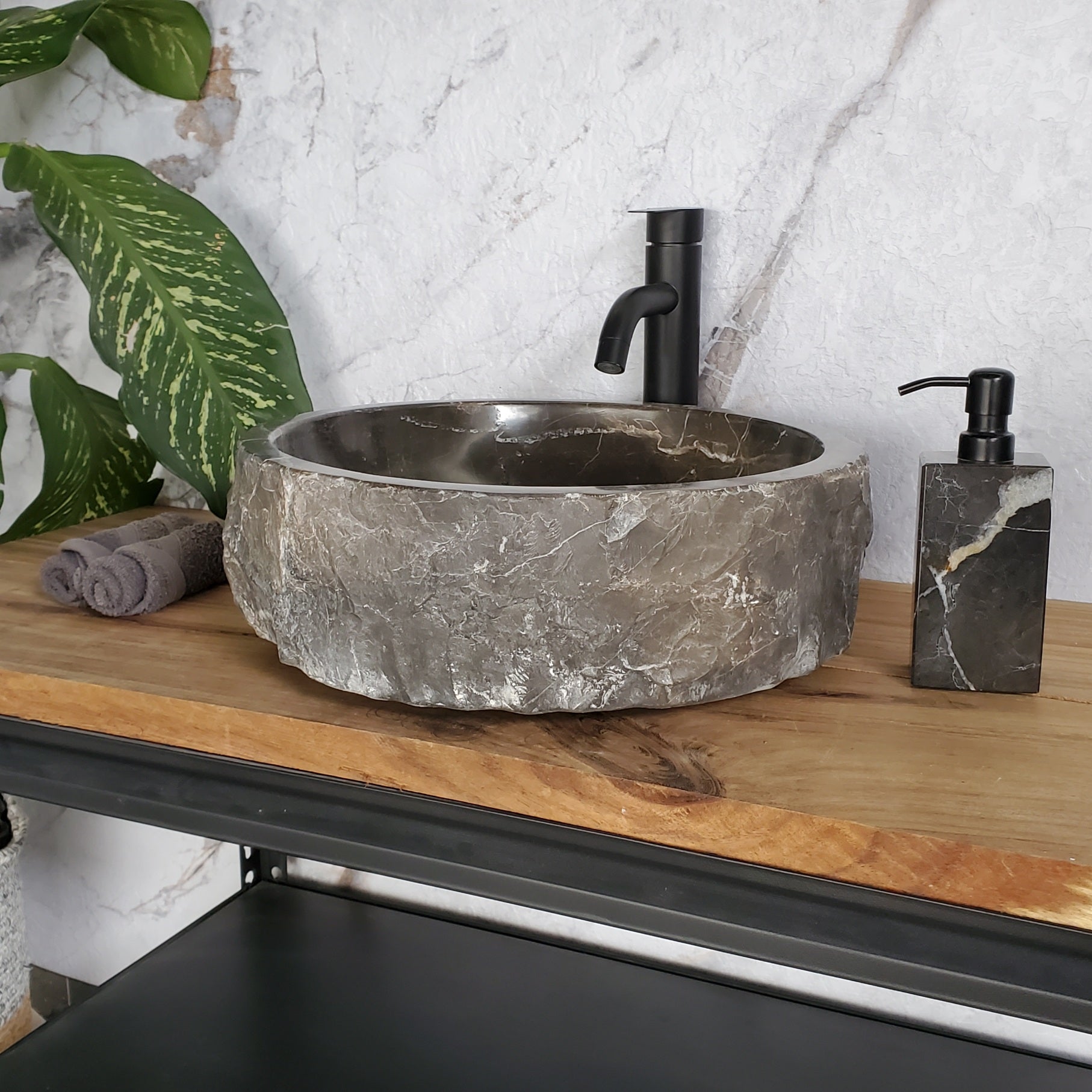 SET3709 Black Marble Vessel Sink Set, Natural Stone Round Bathroom Sinks Bathroom Sinks Featured Marble Sinks pair