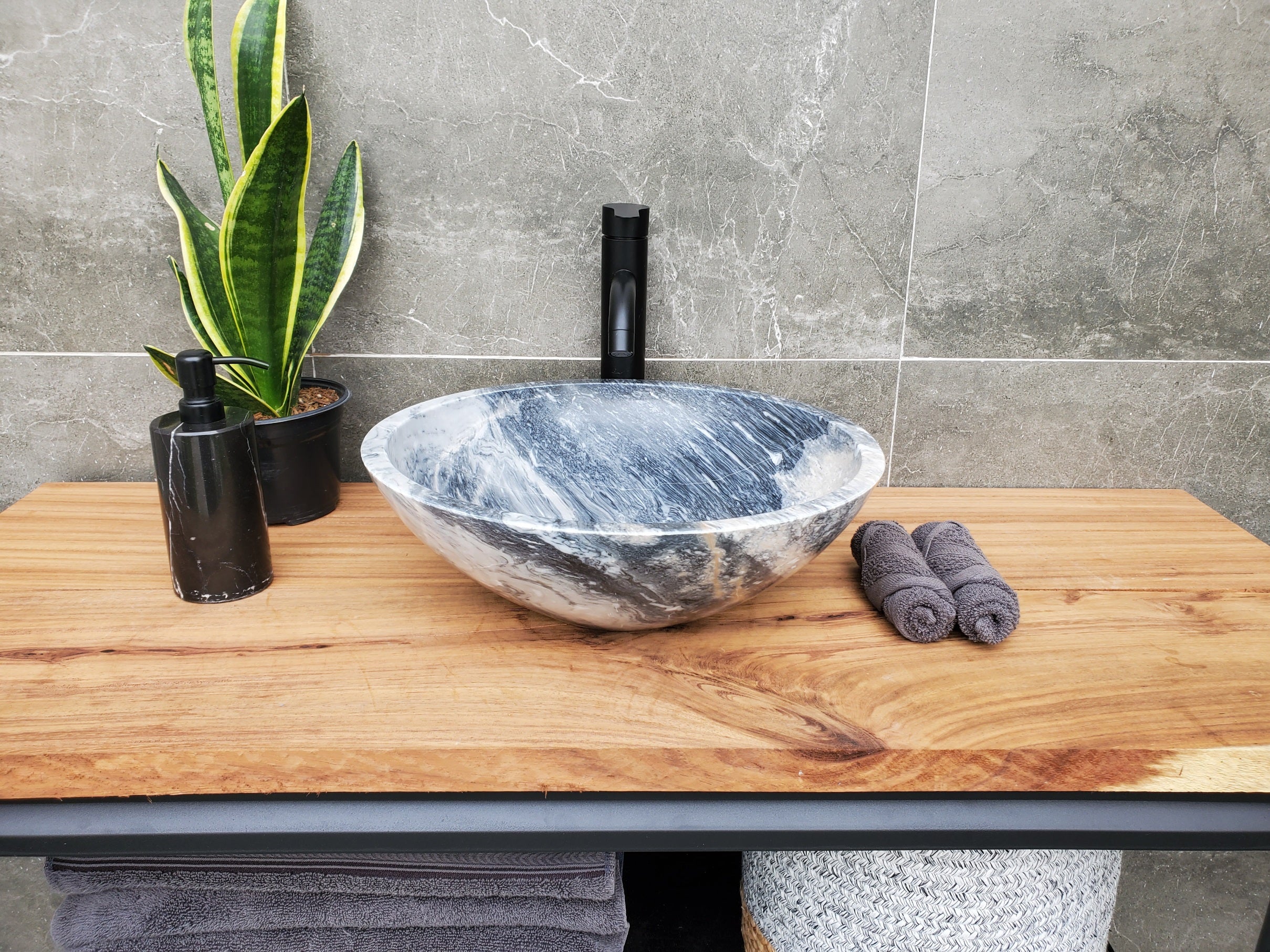S31_04 Round Marble Vessel Bathroom Sink - 16 x 16 inch