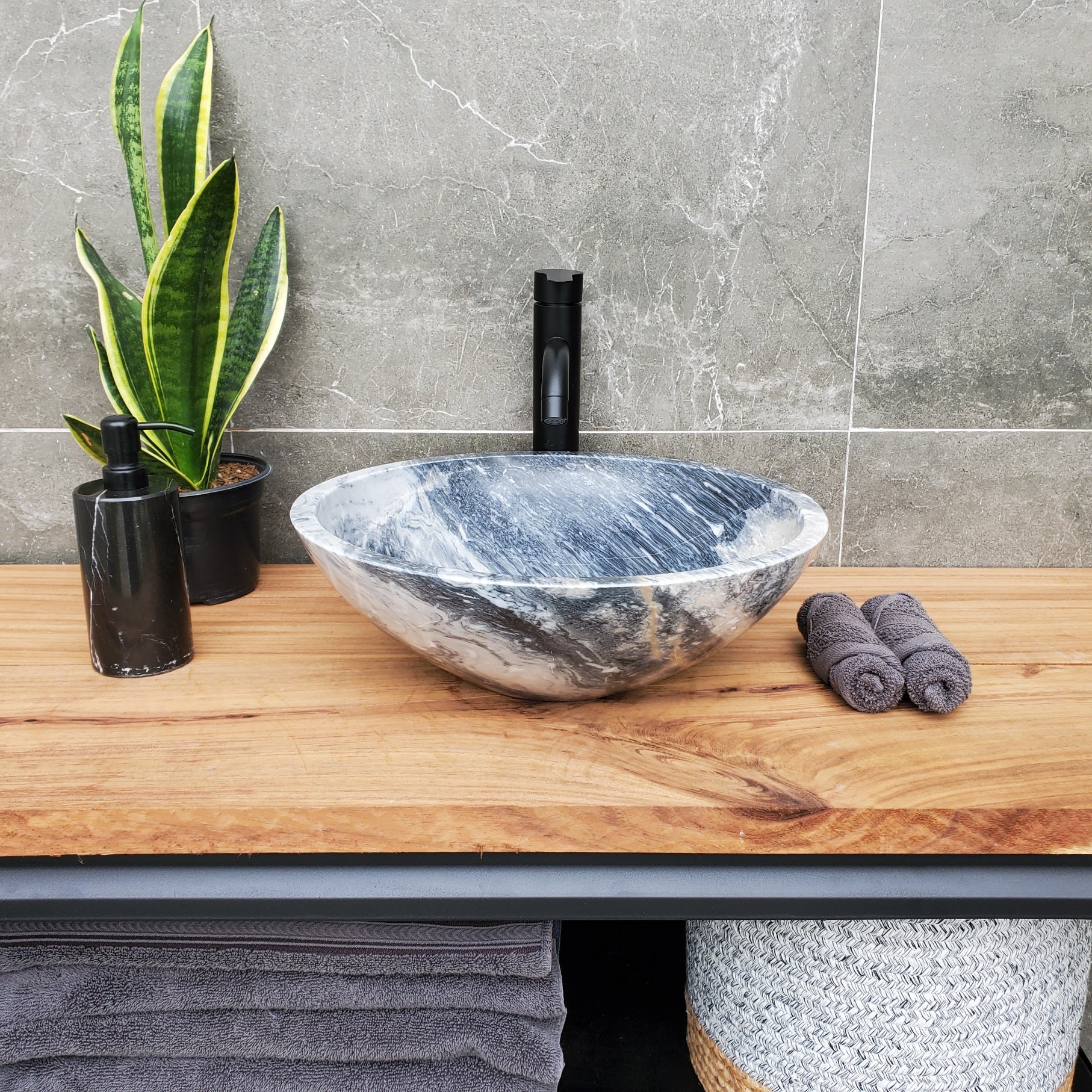 S31_04 Round Marble Vessel Bathroom Sink - 16 x 16 inch