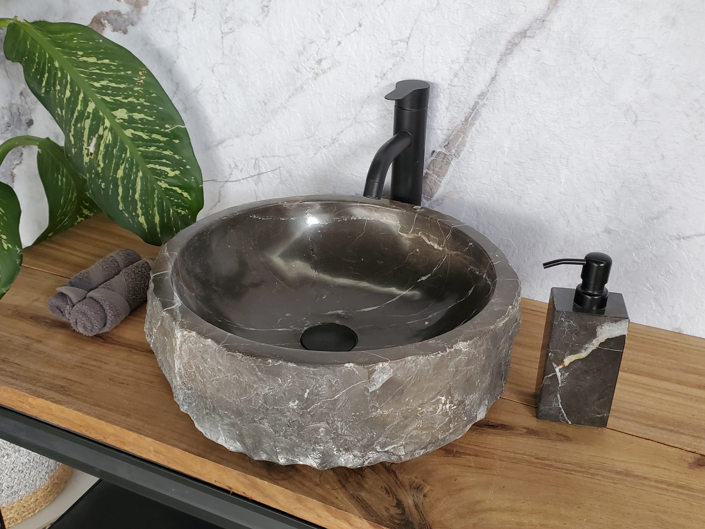 SET3709 Black Marble Vessel Sink Set, Natural Stone Round Bathroom Sinks Bathroom Sinks Featured Marble Sinks pair