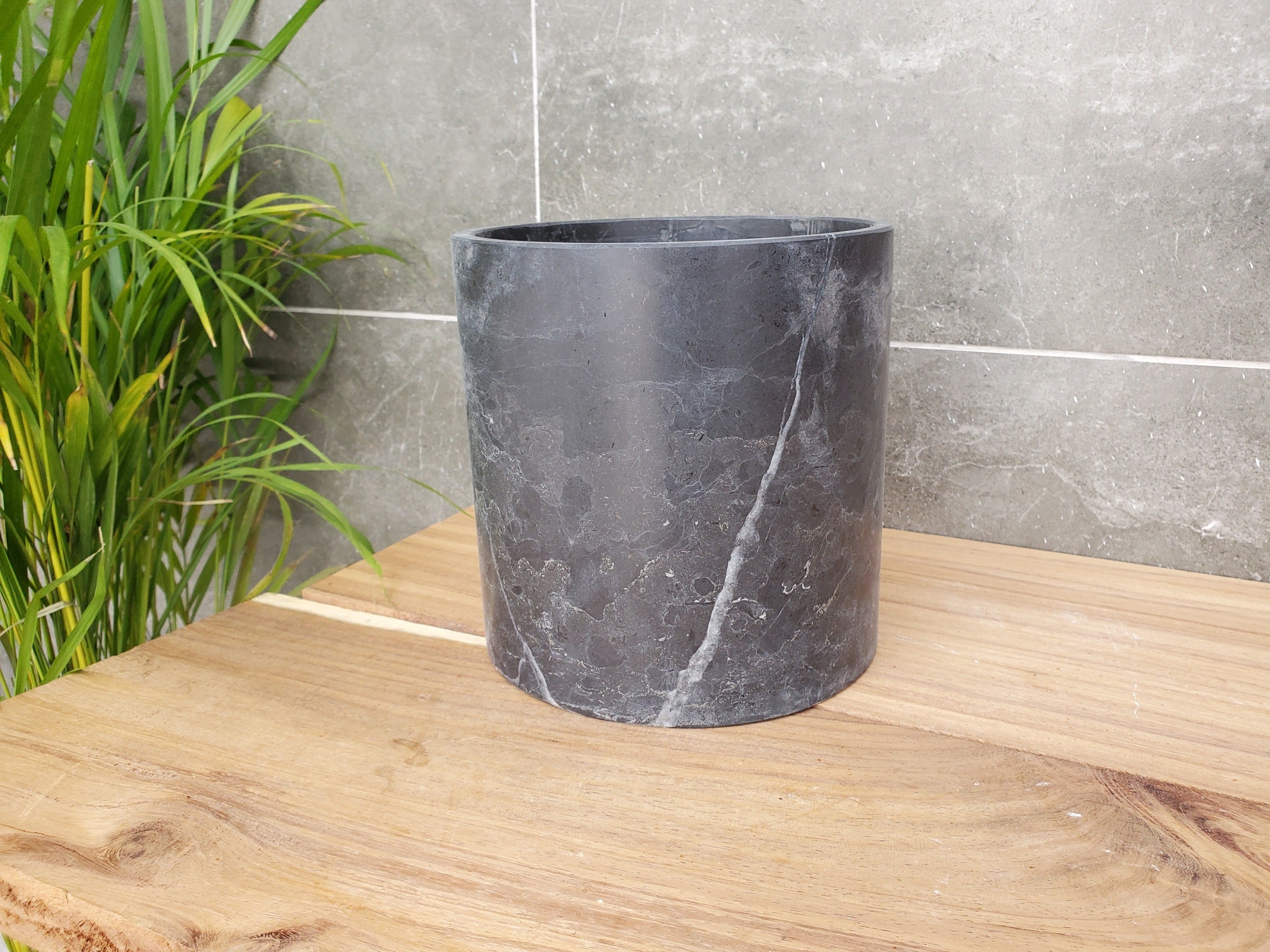 WB_11RD Black Marble Stone Waste Basket - Matte Finish