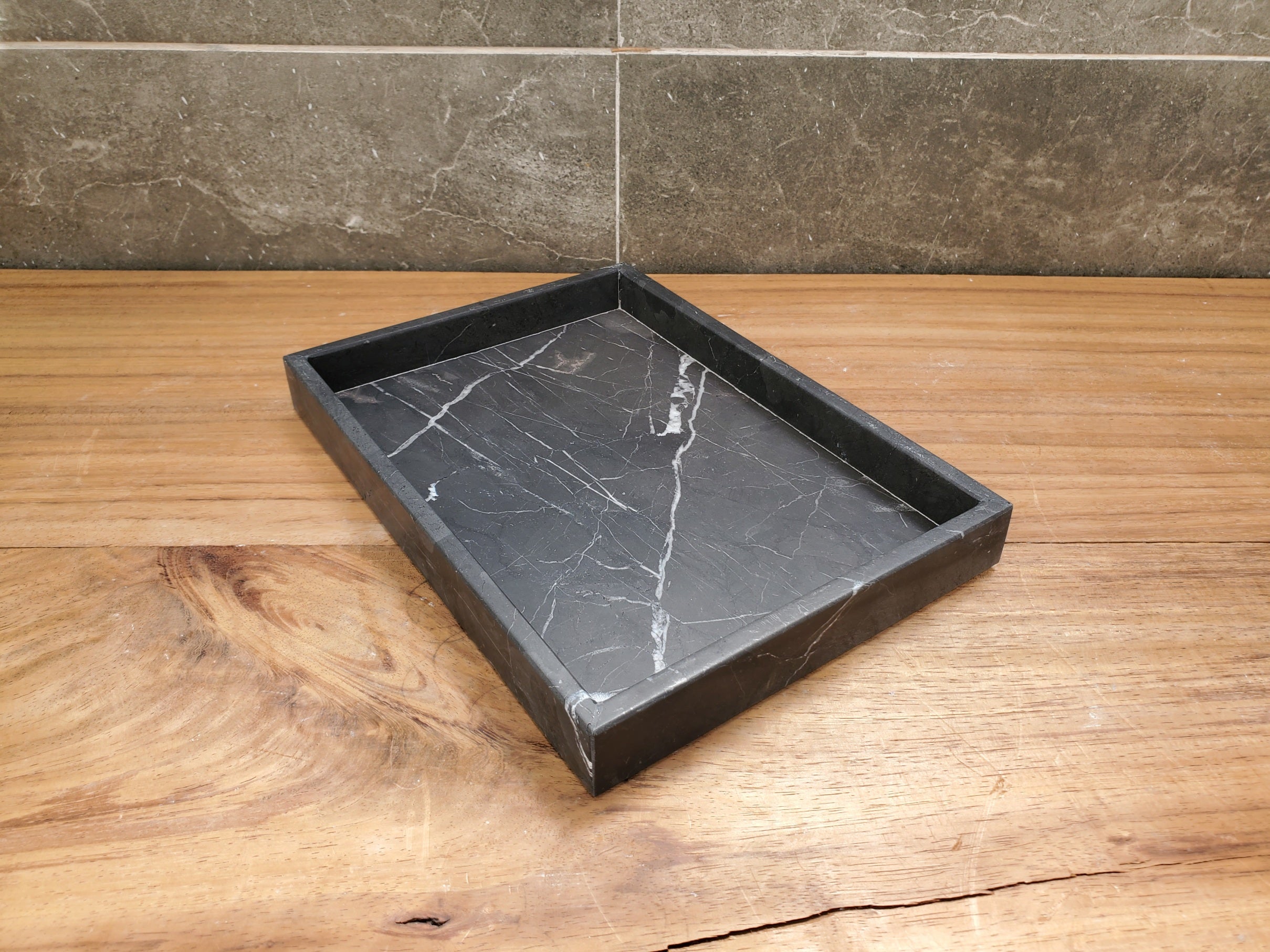 TRAY09 Black Polished Edge Marble Tray, Jewelry Organizer Bath Home