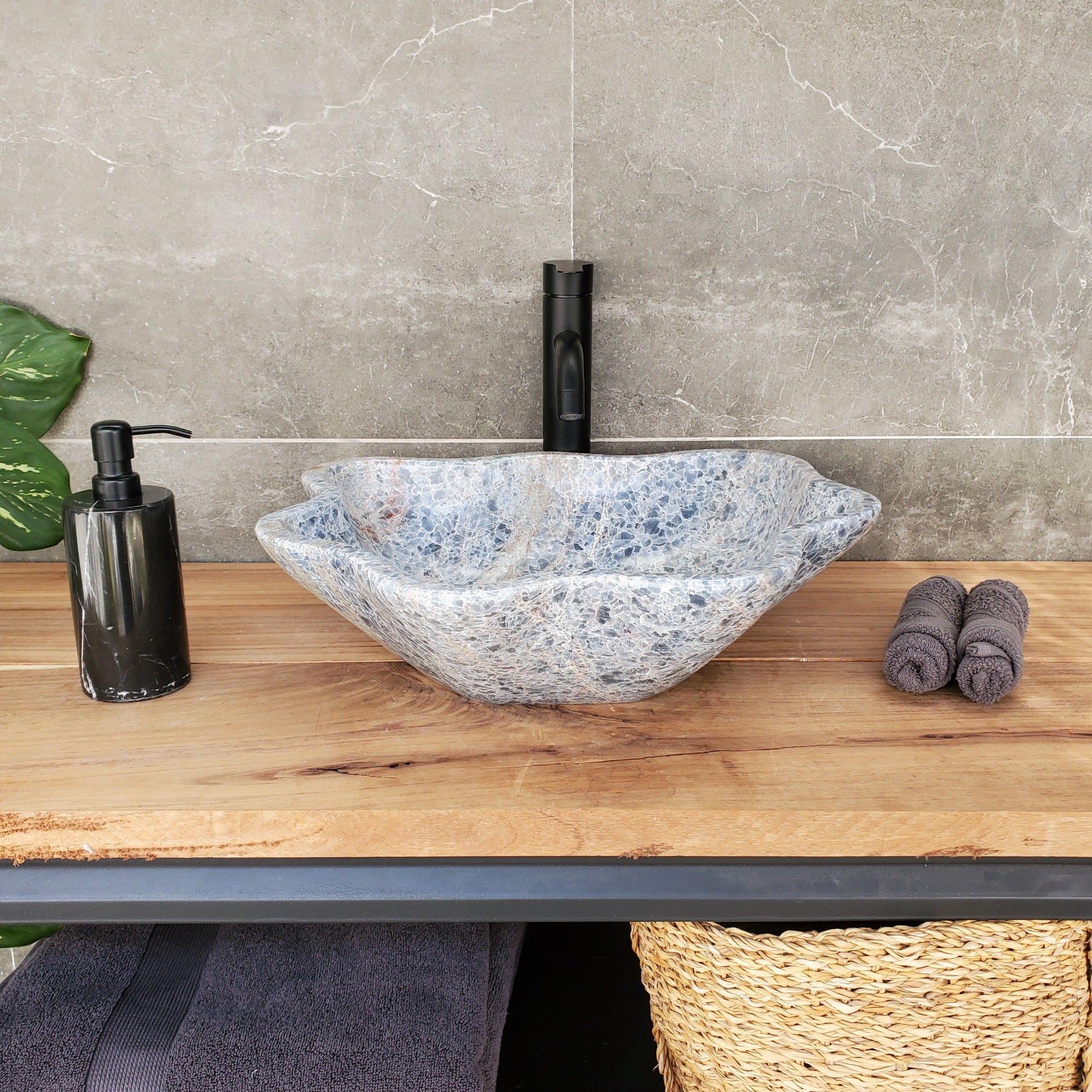 S34_13 Fluorite Wavy Stone Vessel Sink - 15.5 x 15.5 inch
