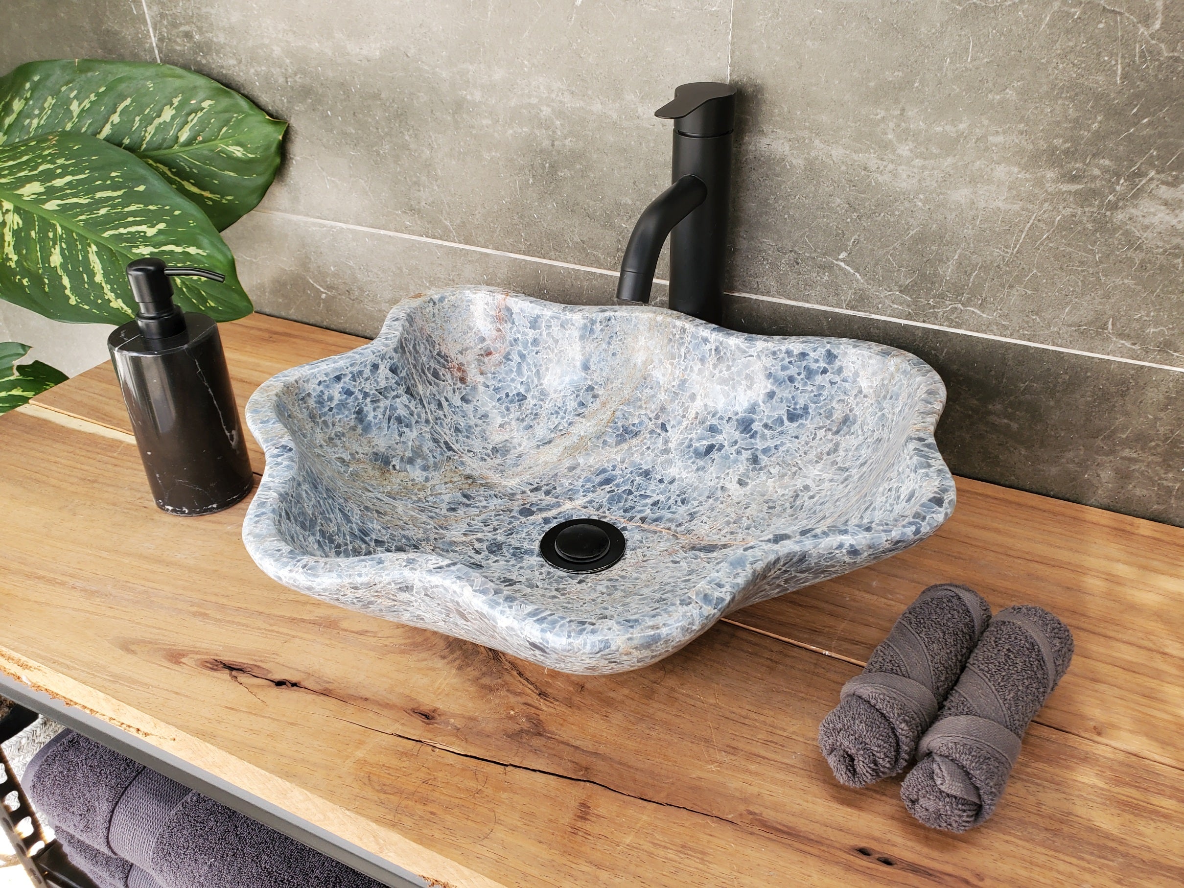 S34_13 Fluorite Wavy Stone Vessel Sink - 15.5 x 15.5 inch