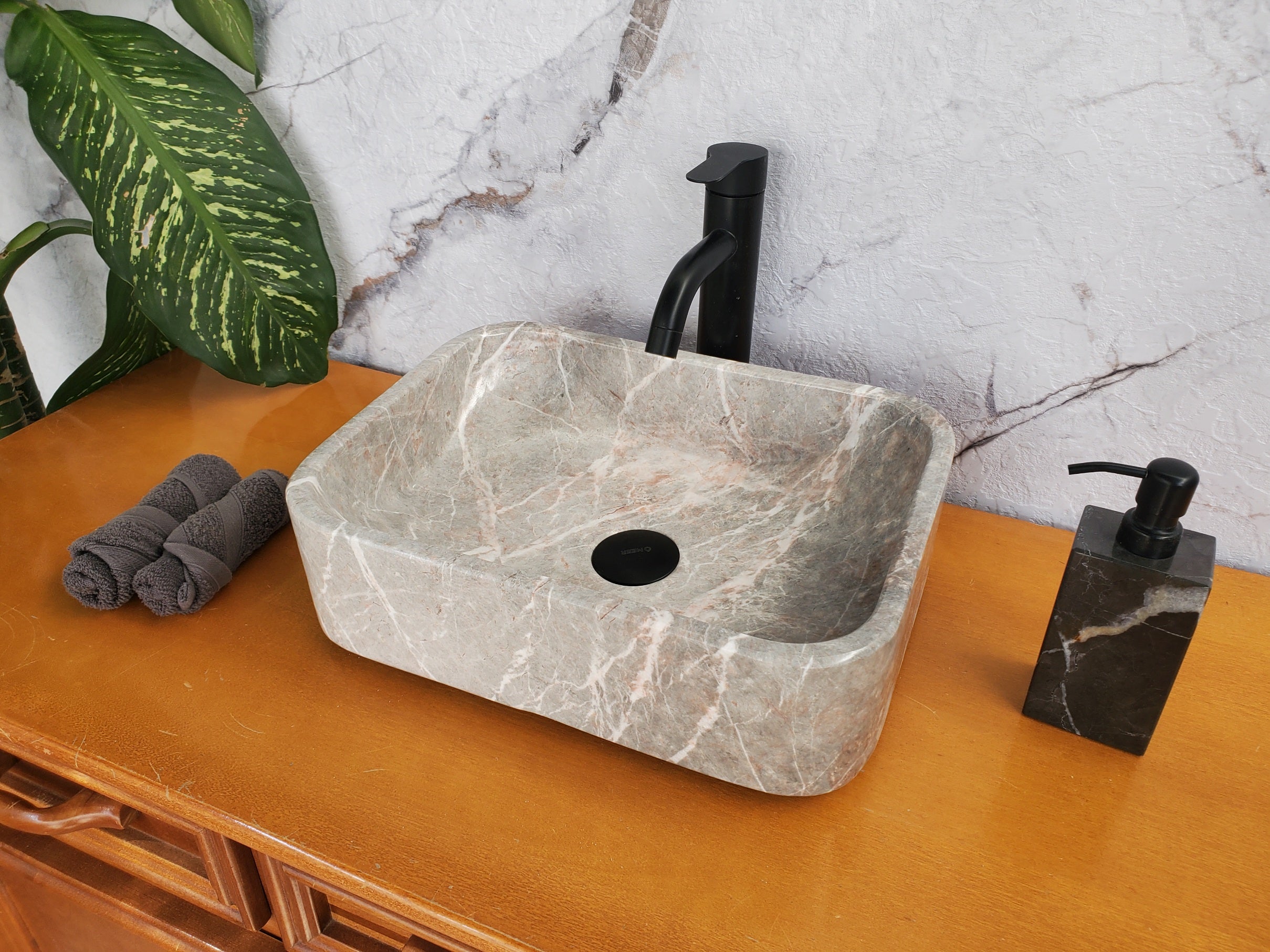 S36_02 Gray Marble Vessel Sink – Rectangular Natural Stone Countertop Sink, 16x12 Inch Bathroom Sinks Featured Marble Sinks Sinks
