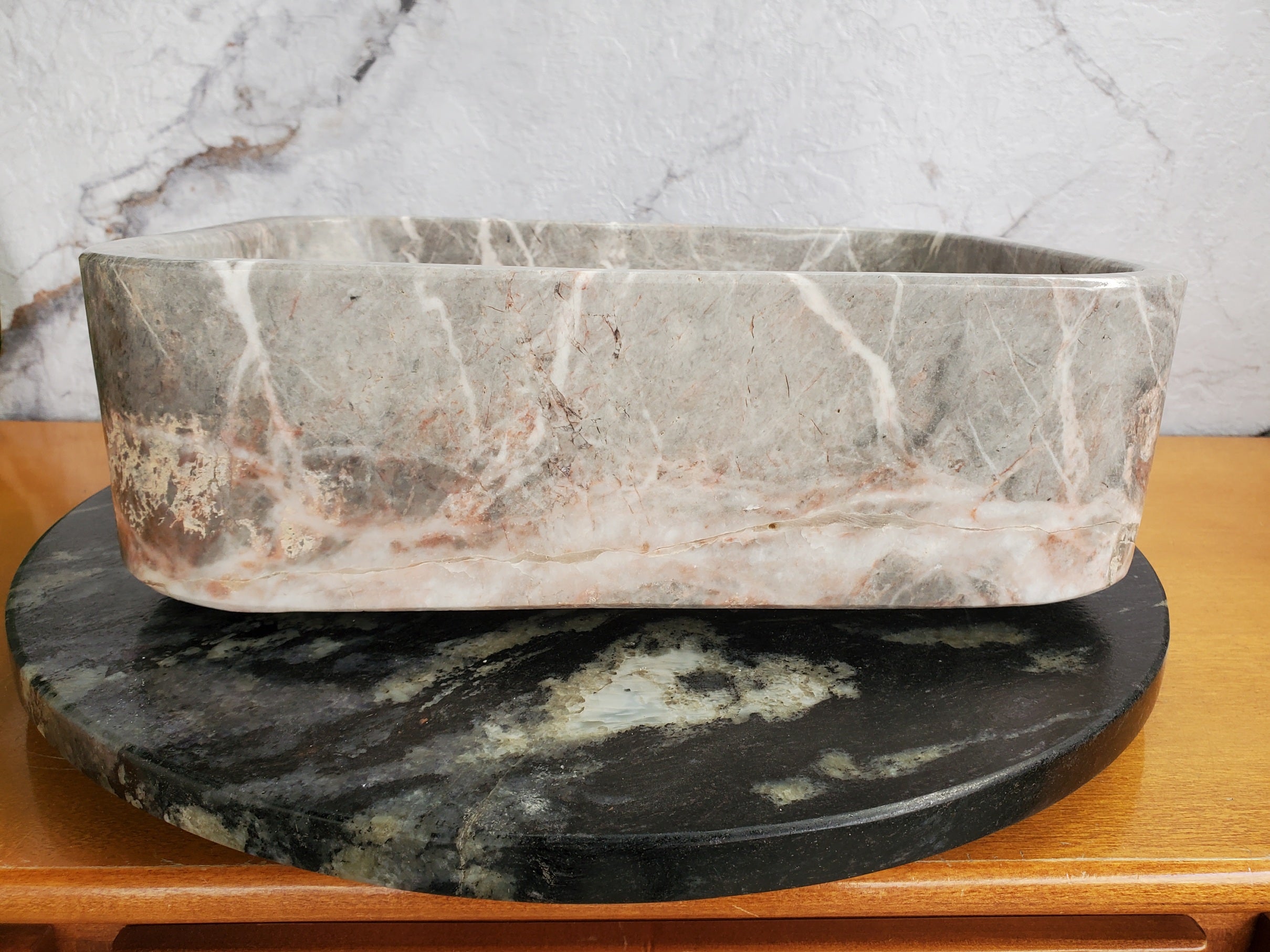 S36_02 Gray Marble Vessel Sink – Rectangular Natural Stone Countertop Sink, 16x12 Inch Bathroom Sinks Featured Marble Sinks Sinks