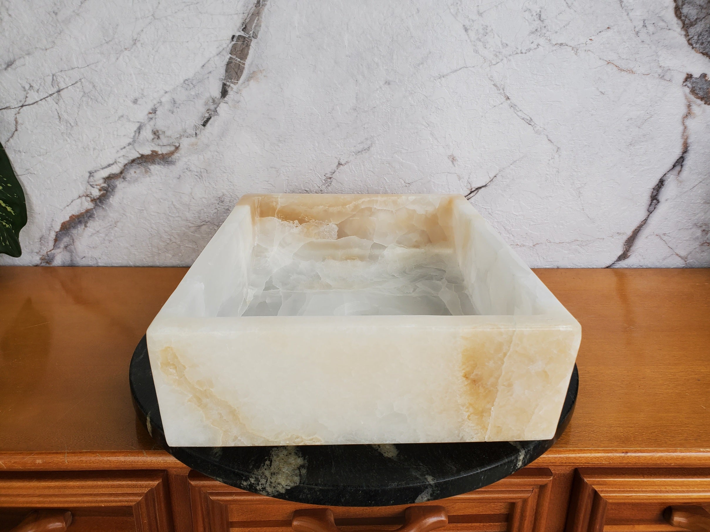 S35_12 White Onyx Marble Vessel Sink – Luxury Natural Stone Countertop Sink, Rectangular Vanity Basin, Spa Bathroom Decor, 17.5x13