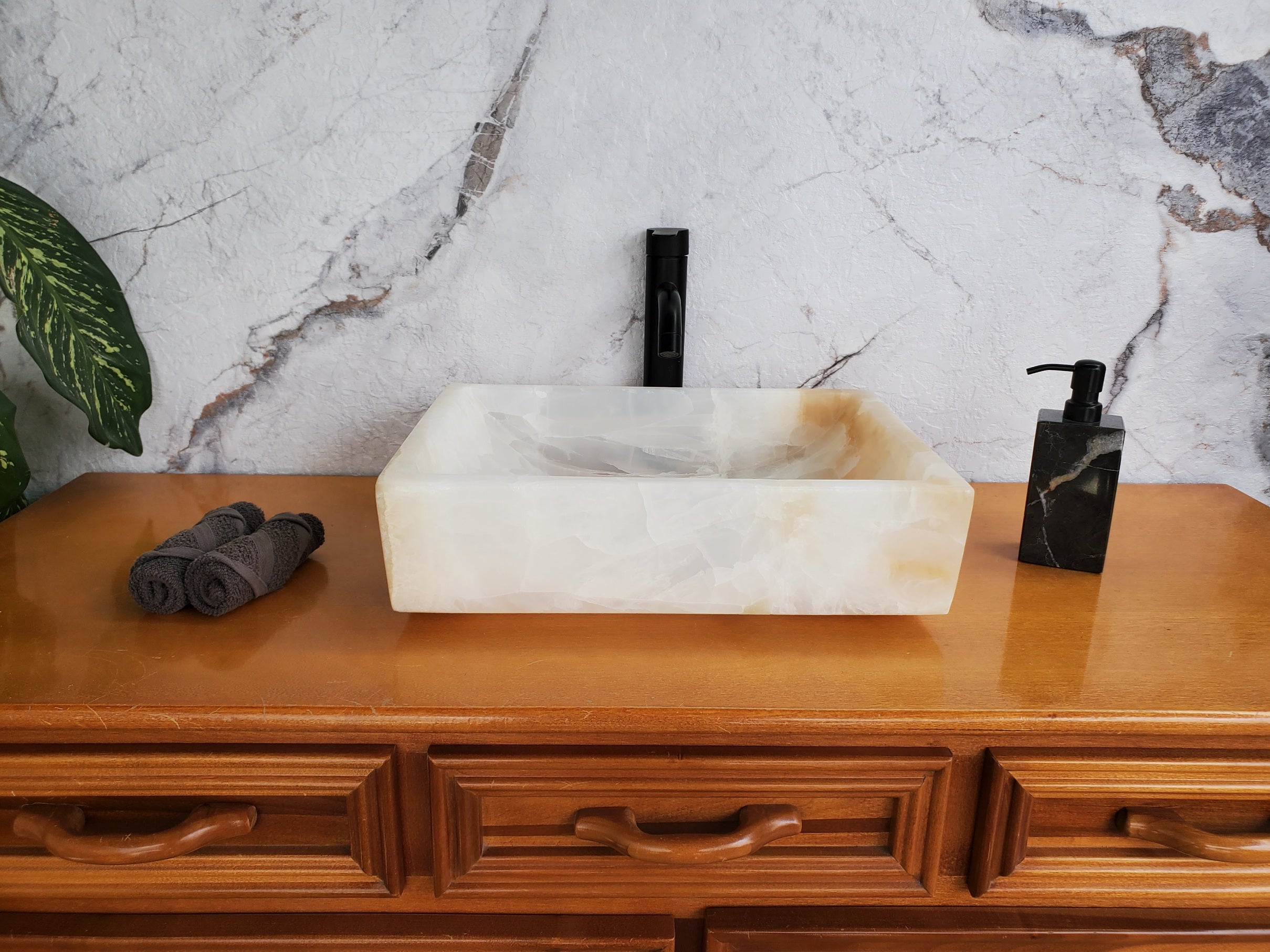 S35_12 White Onyx Marble Vessel Sink – Luxury Natural Stone Countertop Sink, Rectangular Vanity Basin, Spa Bathroom Decor, 17.5x13