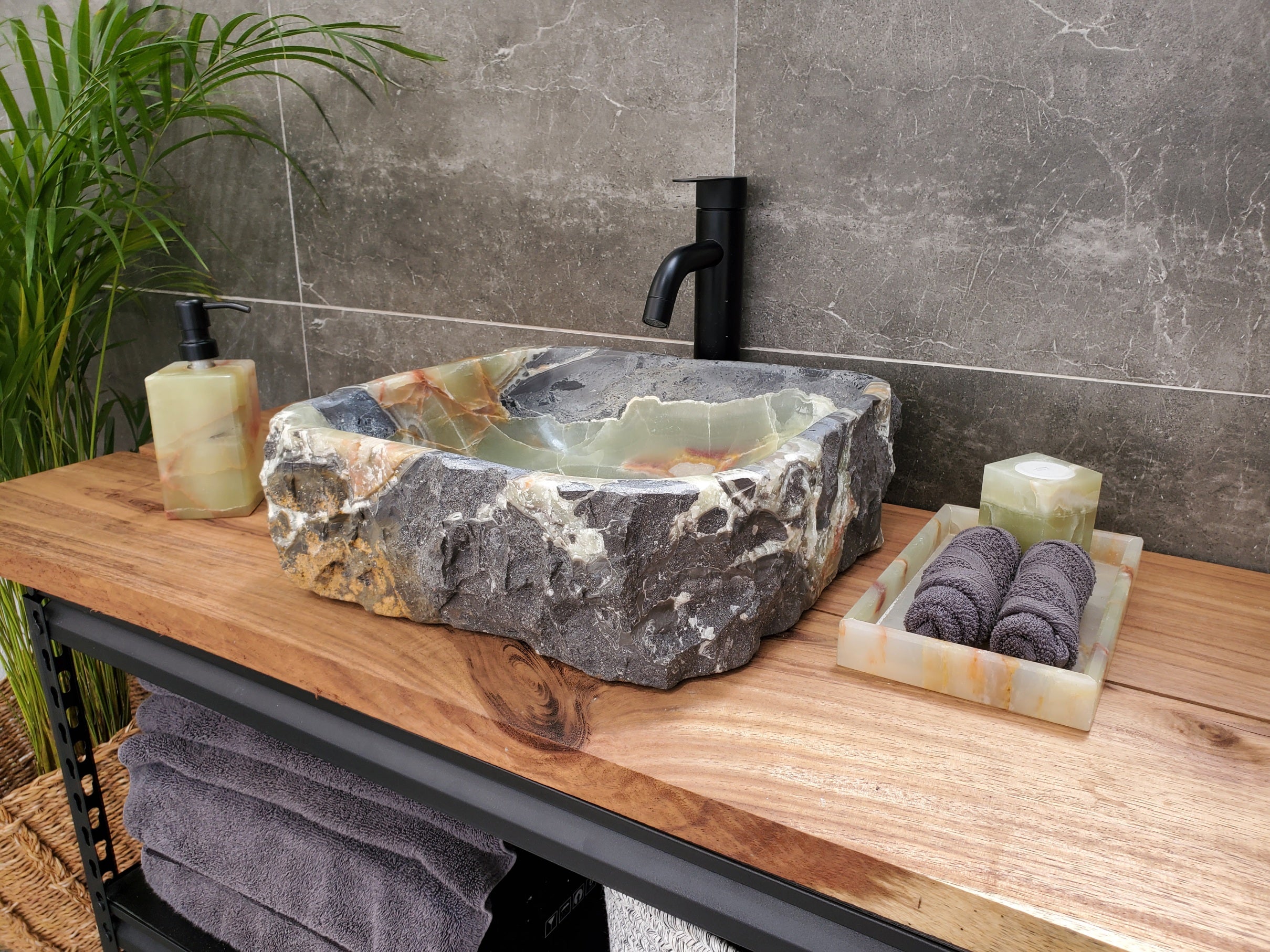 S30_37 Onyx Stone Vessel Bathroom Sink - 15 x 14.5 inch