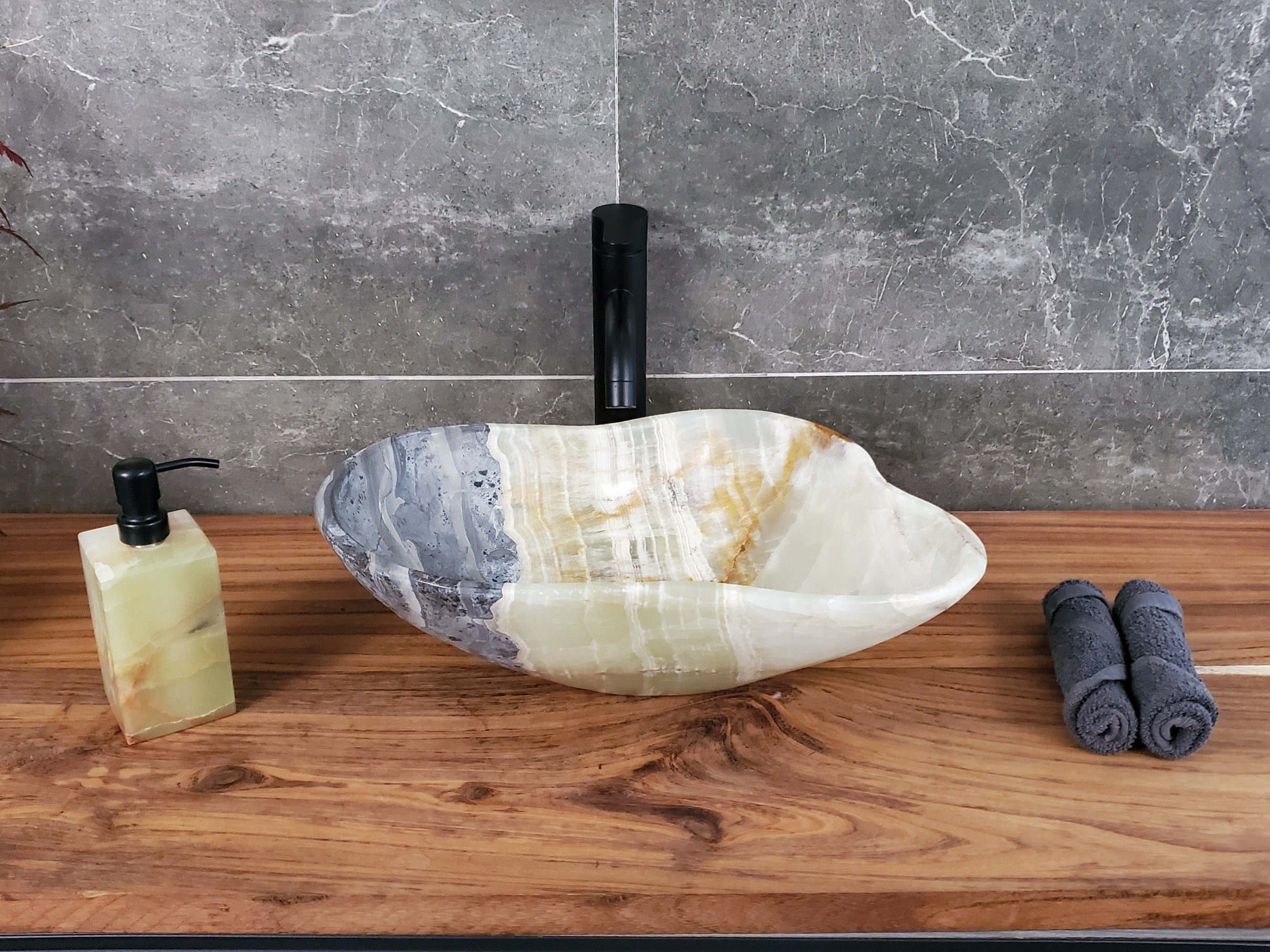 Green Onyx Marble Vessel Sink – Natural Stone Countertop Sink, Polished Vanity Basin, Luxury Spa Bathroom Decor 18x12.5 Inch S40_12 Bathroom Sinks Featured Onyx Sinks Sinks