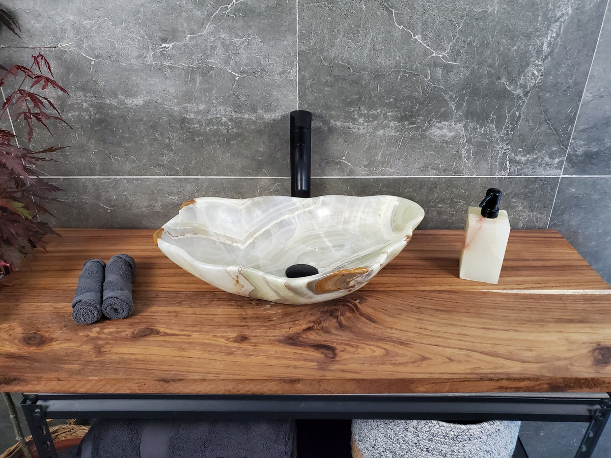 Green Onyx Marble Vessel Sink, Natural Stone Vanity Basin, Polished Bathroom Countertop Sink, Spa Decor 20x13 Inch S40_10 Bathroom Sinks Featured Onyx Sinks Sinks