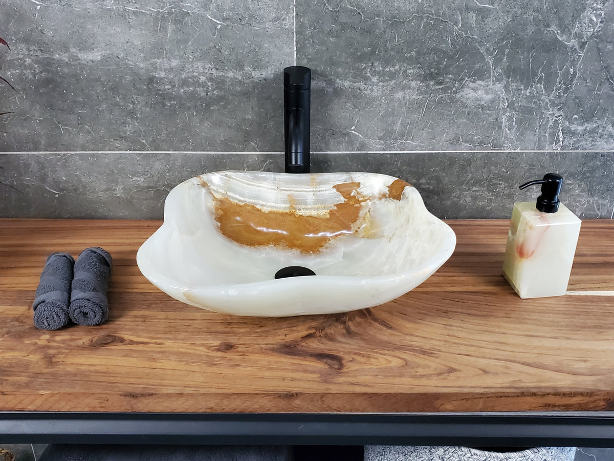 Green Onyx Marble Vessel Sink, 17x15 Inch Natural Stone Countertop Basin, Polished Luxury Vanity Sink, Spa Bathroom Decor S40_11 Bathroom Sinks Featured Onyx Sinks Sinks