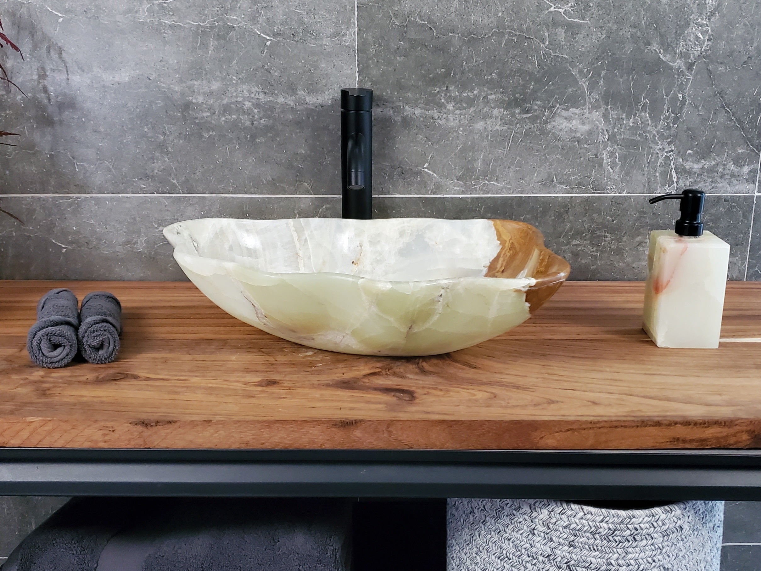 Green Onyx Marble Vessel Sink – Natural Stone Countertop Sink, Polished Vanity Basin, Luxury Spa Bathroom Decor 19x13 Inch S40_09 Bathroom Sinks Featured Onyx Sinks Sinks