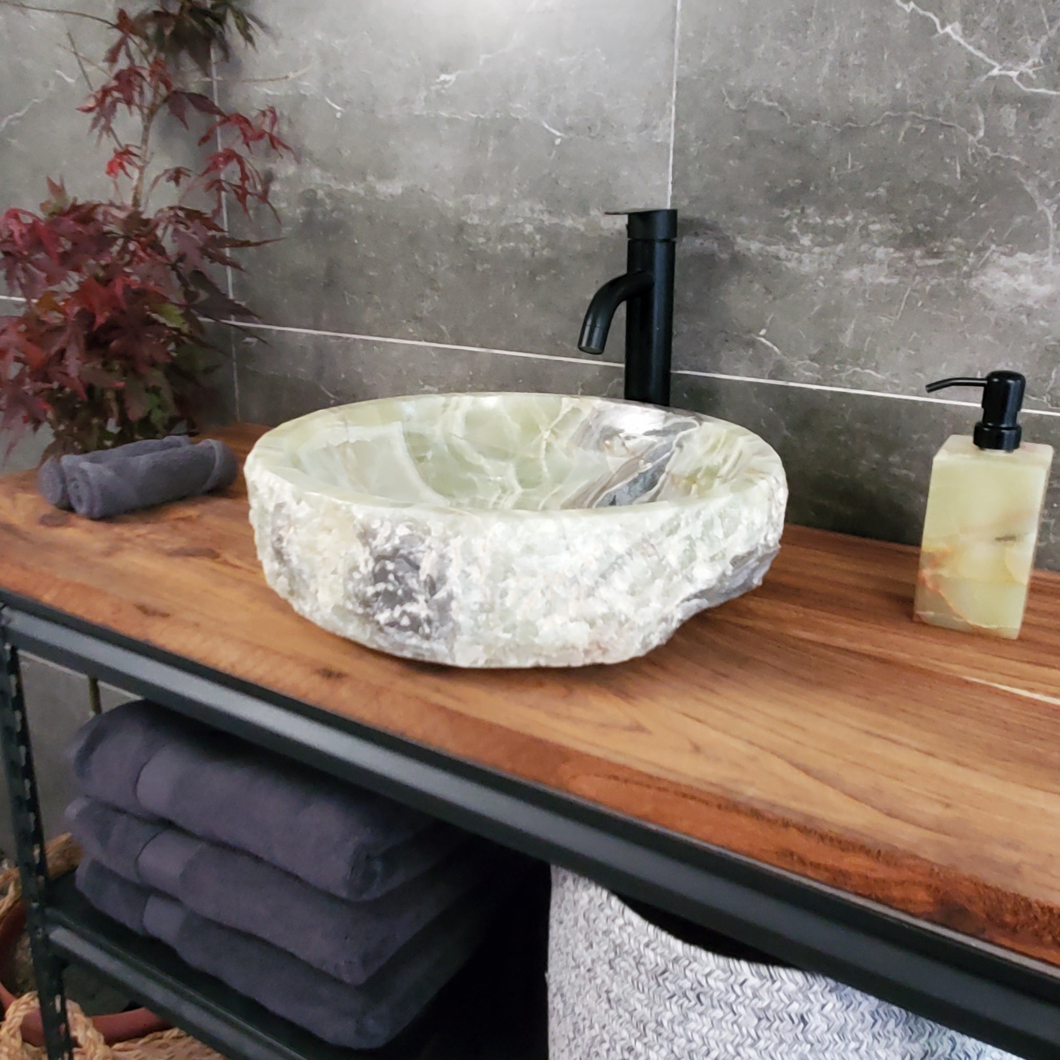 Green Onyx Marble Vessel Sink, Natural Stone Vanity Basin, Polished Bathroom Countertop Sink, Spa Decor 16x16 Inch S40_01 Bathroom Sinks Featured Onyx Sinks