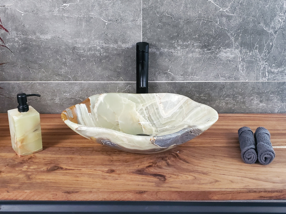 Green White Onyx Vessel Sink, 19x13 Inch Natural Stone Countertop Basin, Polished Luxury Vanity Sink, Spa Bathroom Decor S40_13