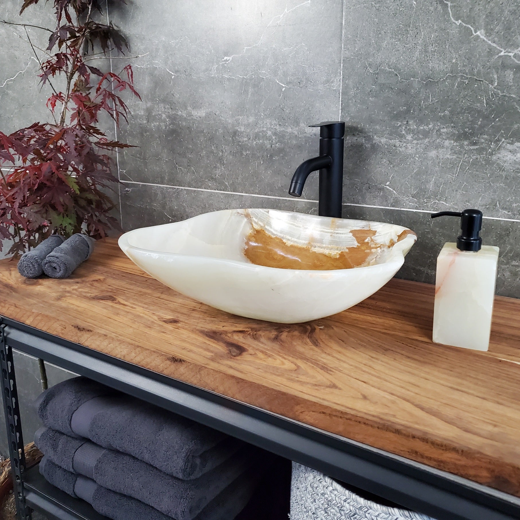 Green Onyx Marble Vessel Sink, 17x15 Inch Natural Stone Countertop Basin, Polished Luxury Vanity Sink, Spa Bathroom Decor S40_11 Bathroom Sinks Featured Onyx Sinks Sinks